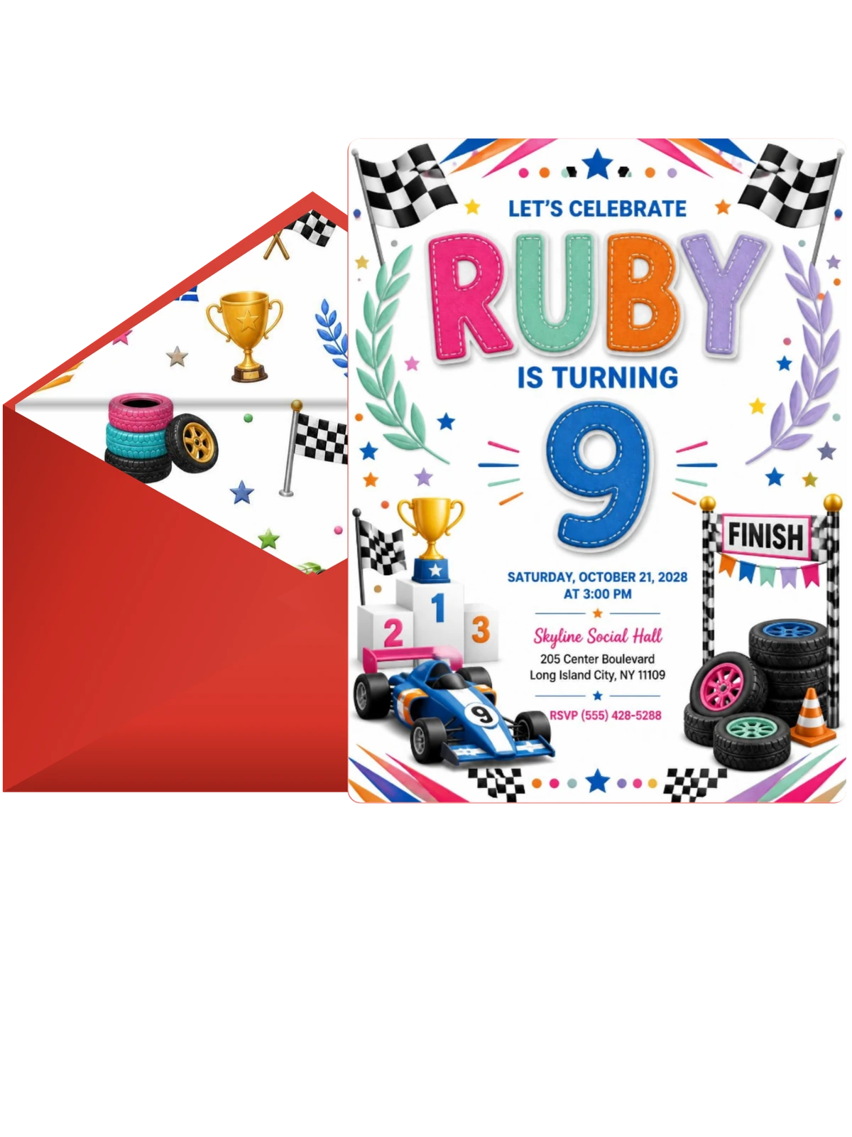 Stitched Race Car 9th Birthday Invitation