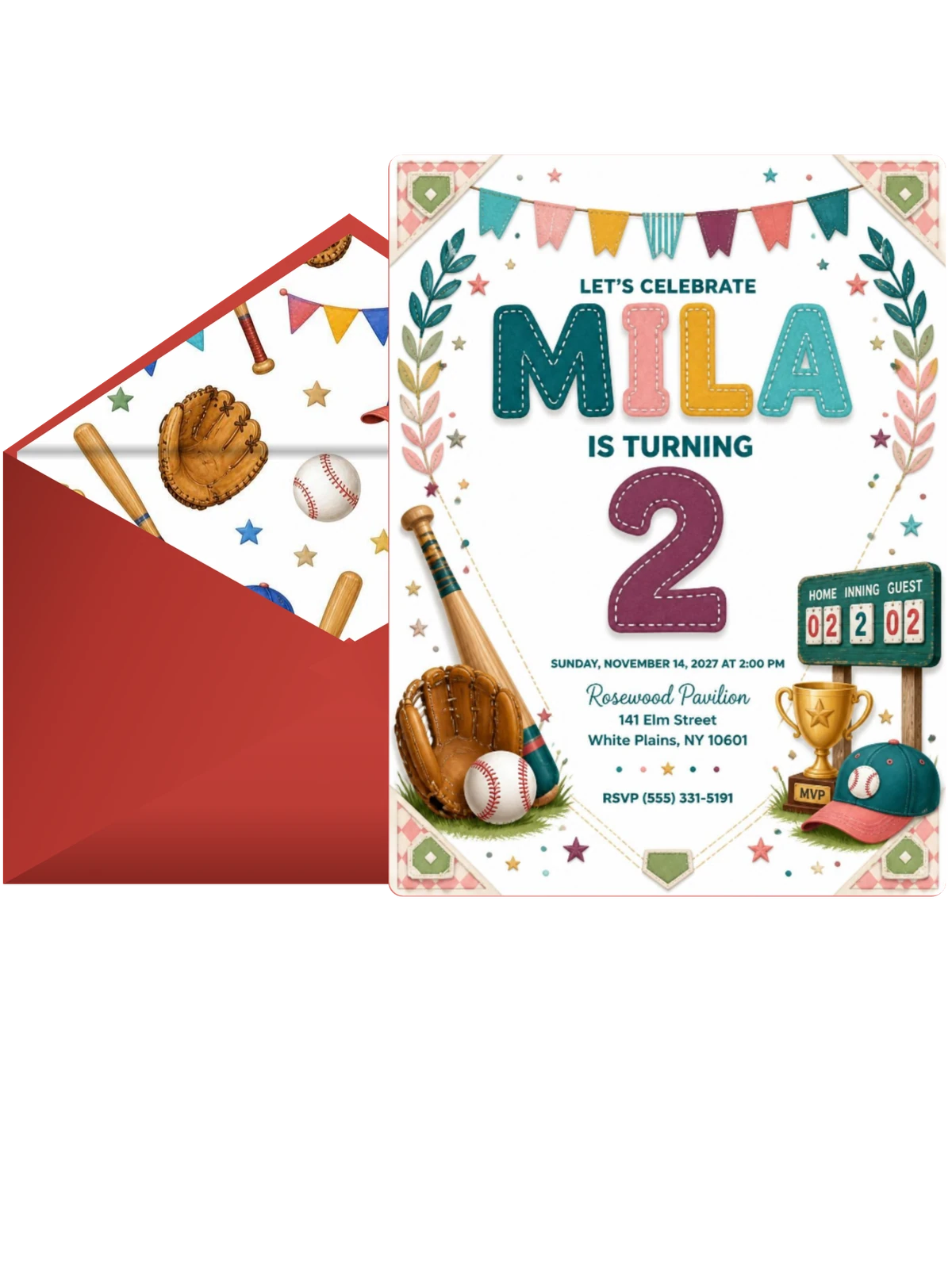 Stitched Baseball 2nd Birthday Invitation