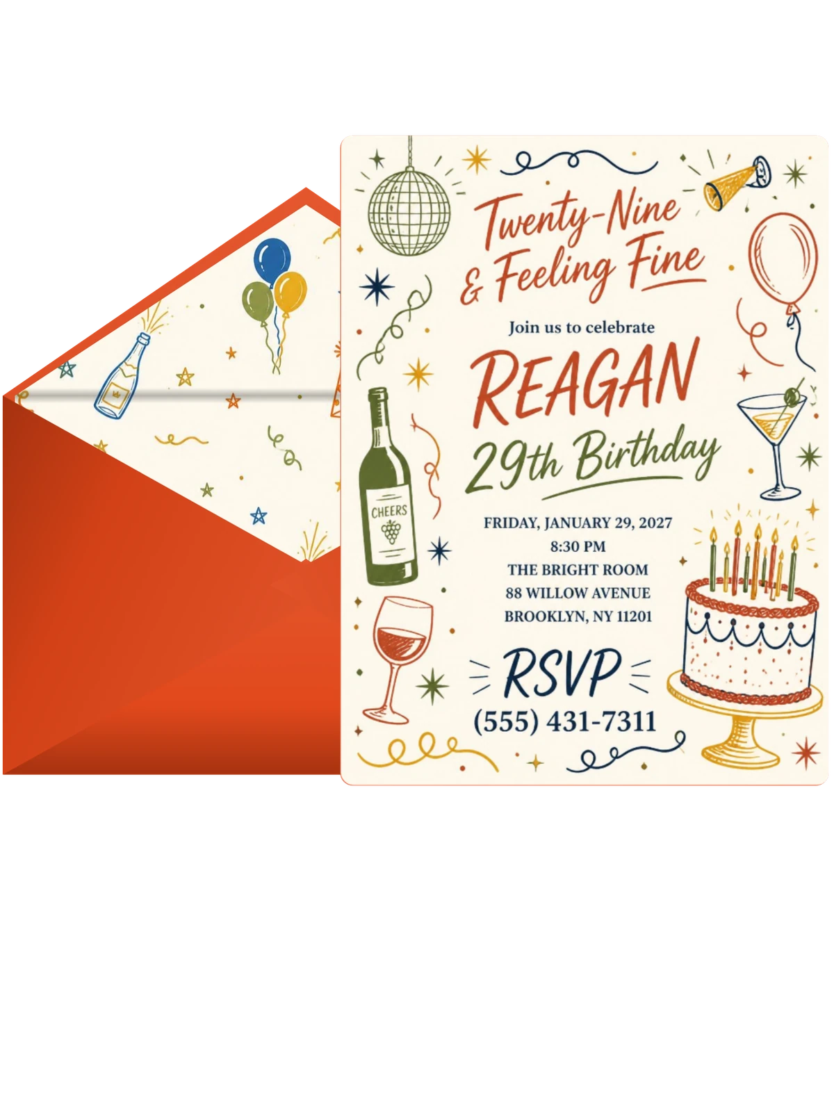 Retro Doodle 29th Birthday Invitation