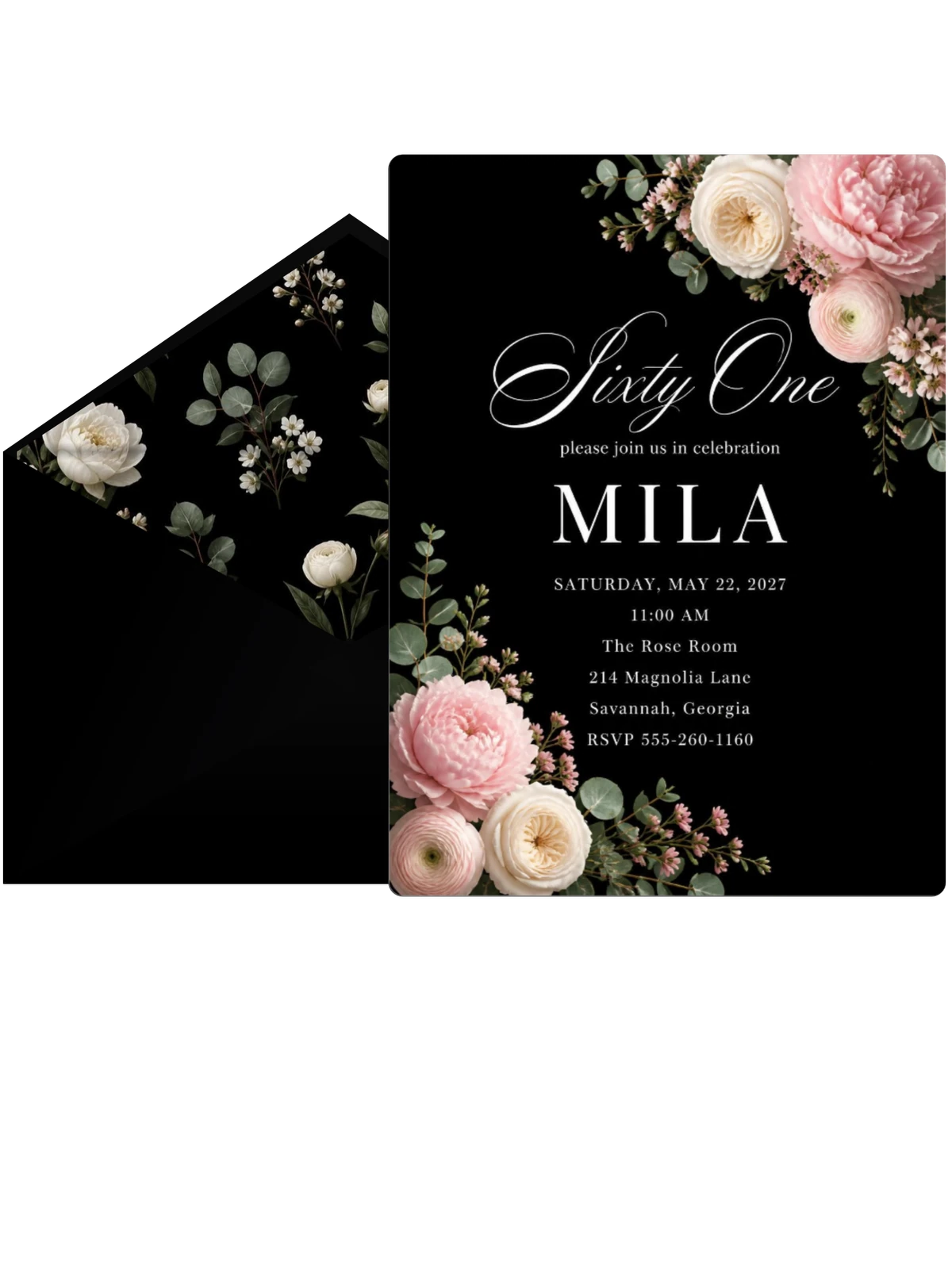 Black Floral 61st Birthday Invitation