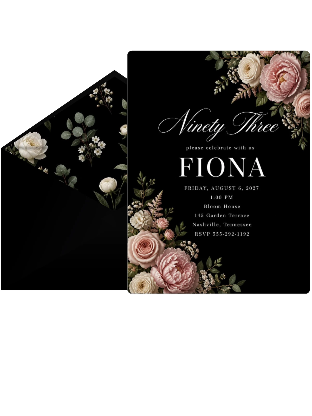 Black Floral 93rd Birthday Invitation