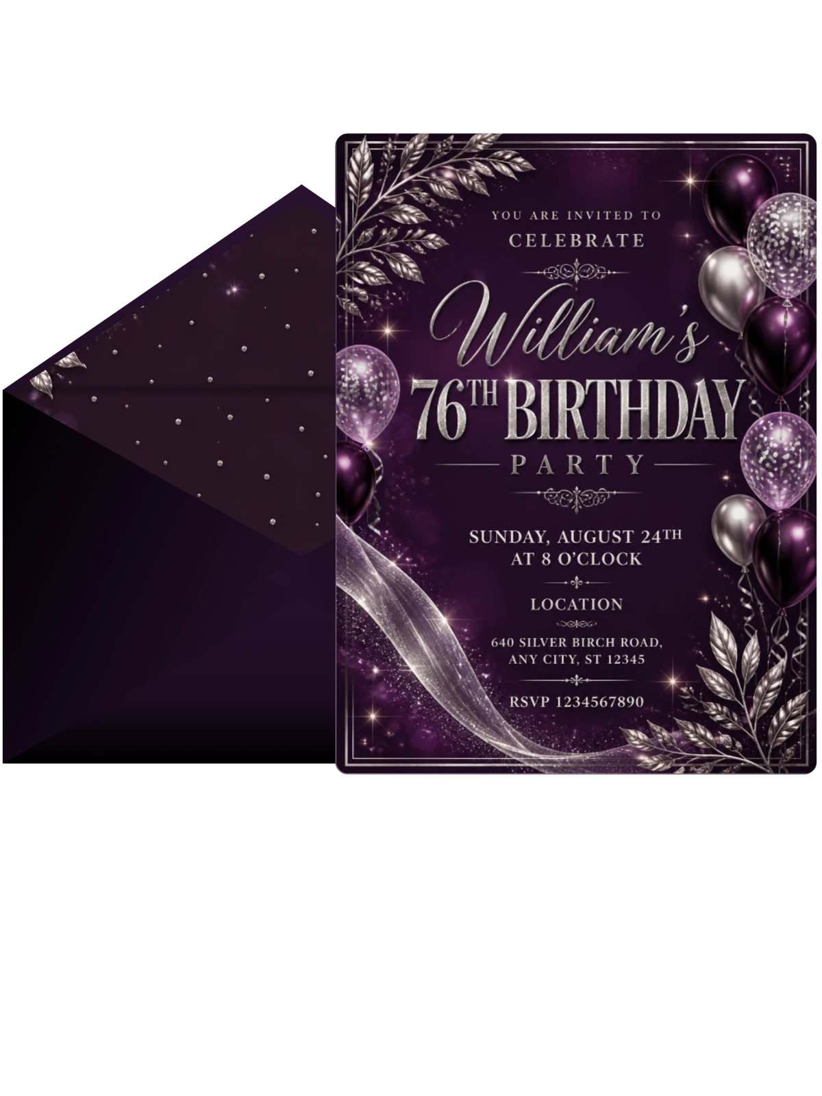 Plum and Silver 76th Birthday Invitation