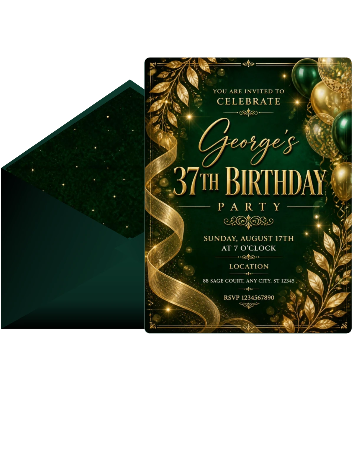 Emerald and Champagne 37th Birthday Invitation