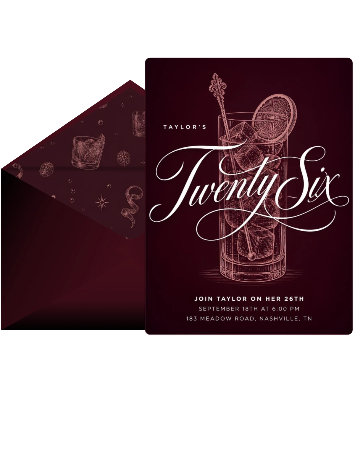 Burgundy Cocktail 26th Birthday Invitation