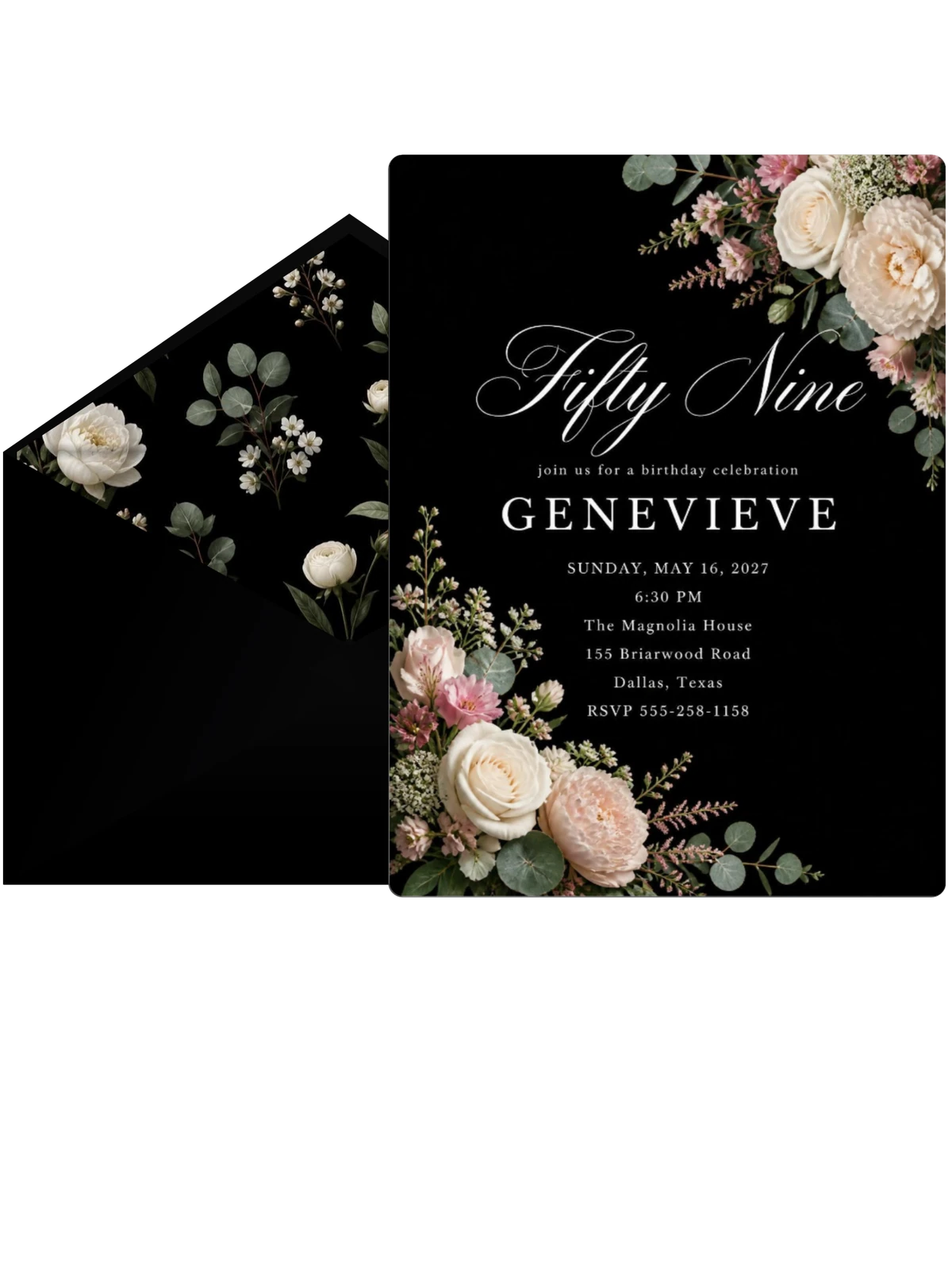 Black Floral 59th Birthday Invitation