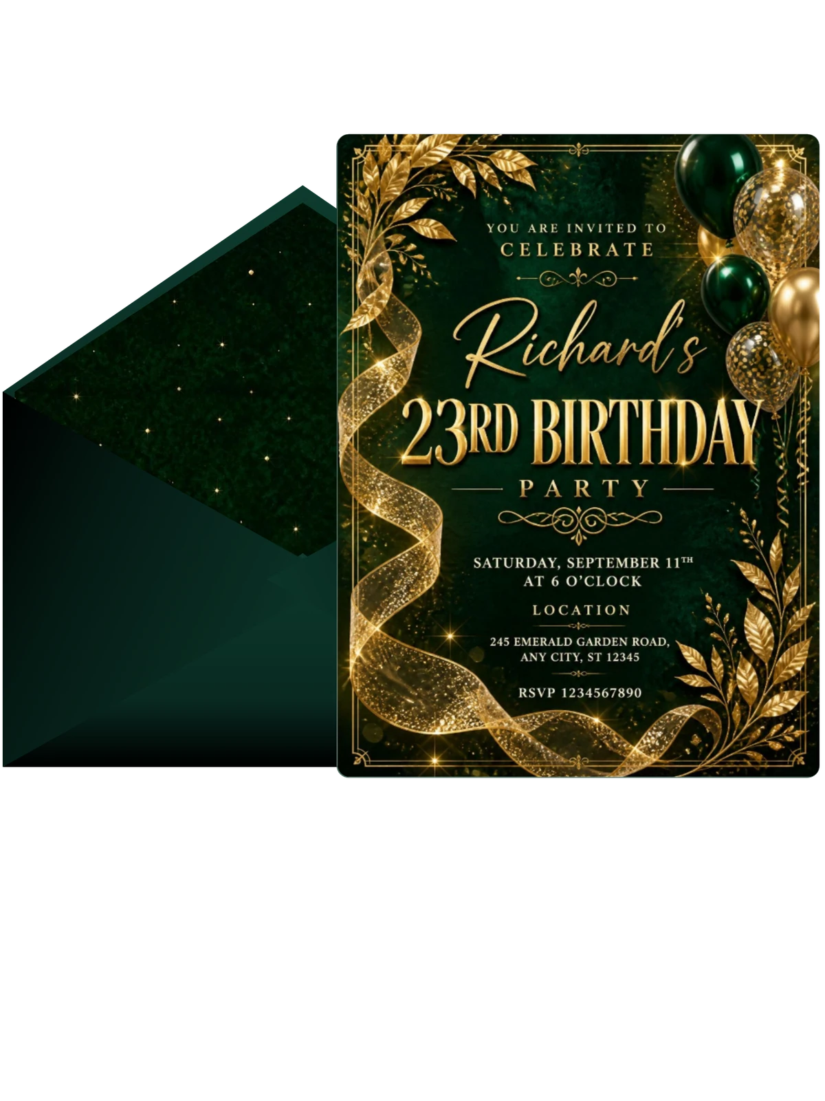 Emerald and Champagne 23rd Birthday Invitation