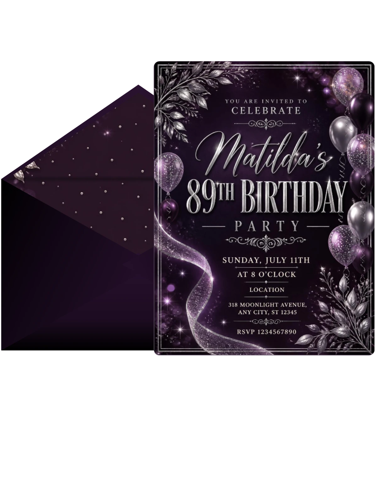 Plum and Silver 89th Birthday Invitation