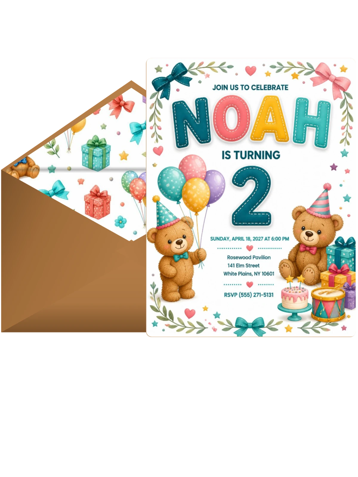 Stitched Teddy Bear 2nd Birthday Invitation