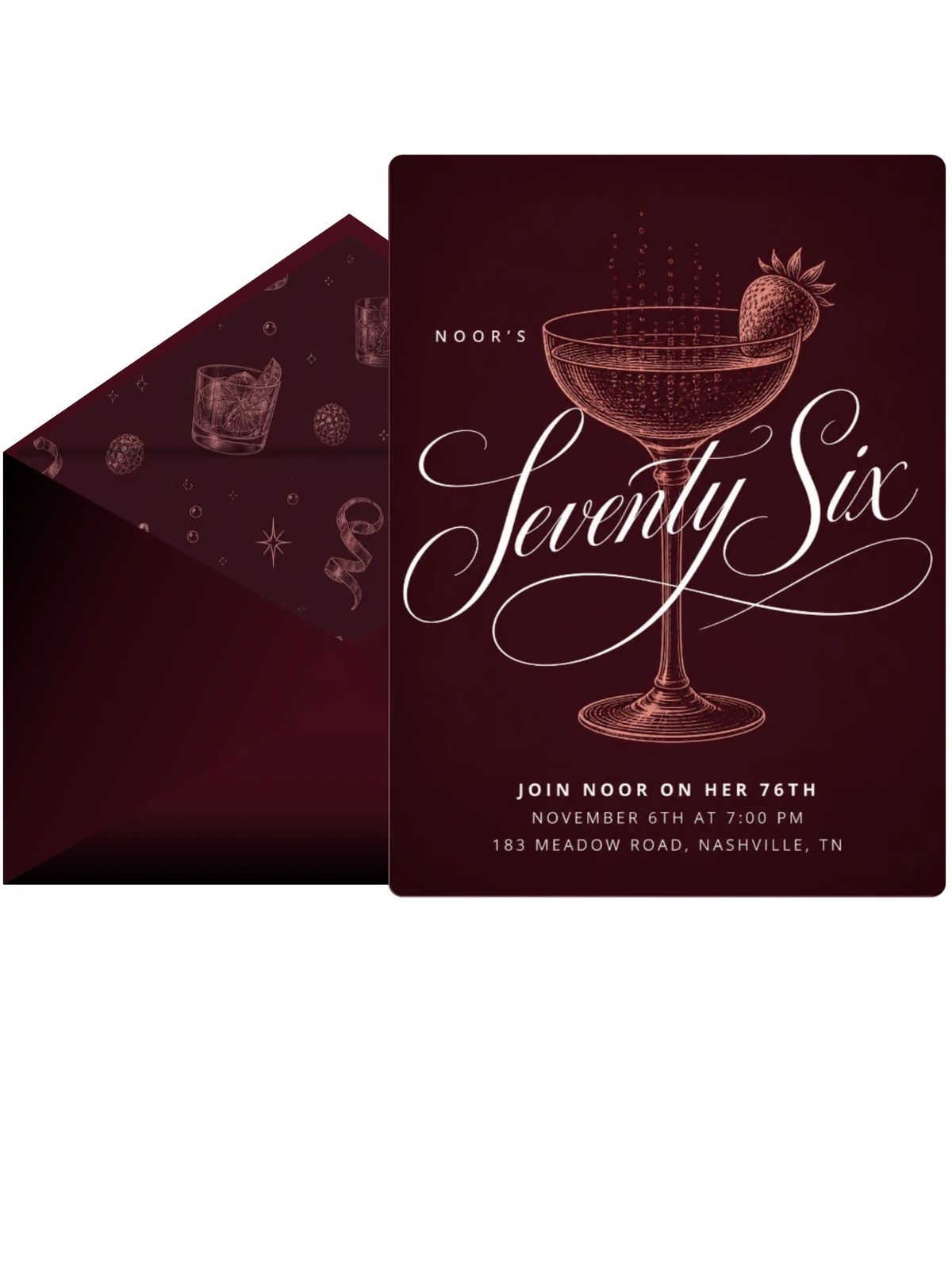 Burgundy Cocktail 76th Birthday Invitation