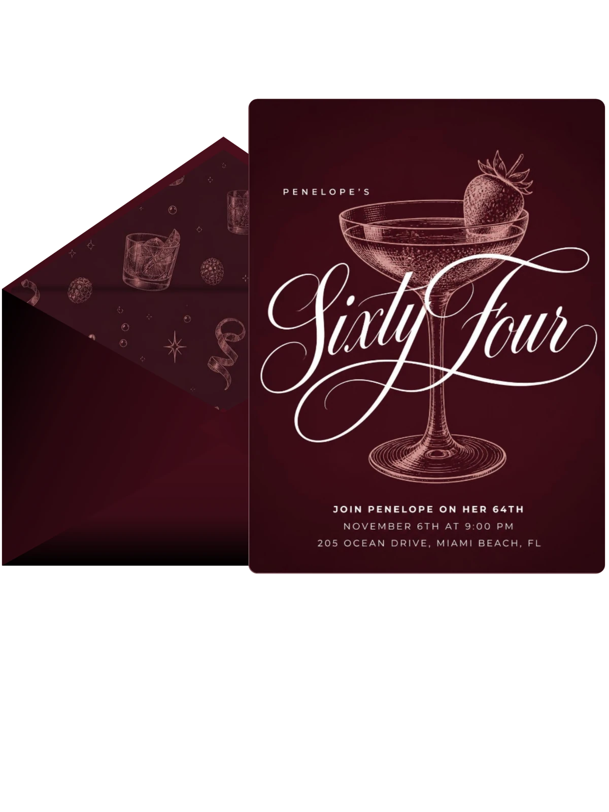 Burgundy Cocktail 64th Birthday Invitation