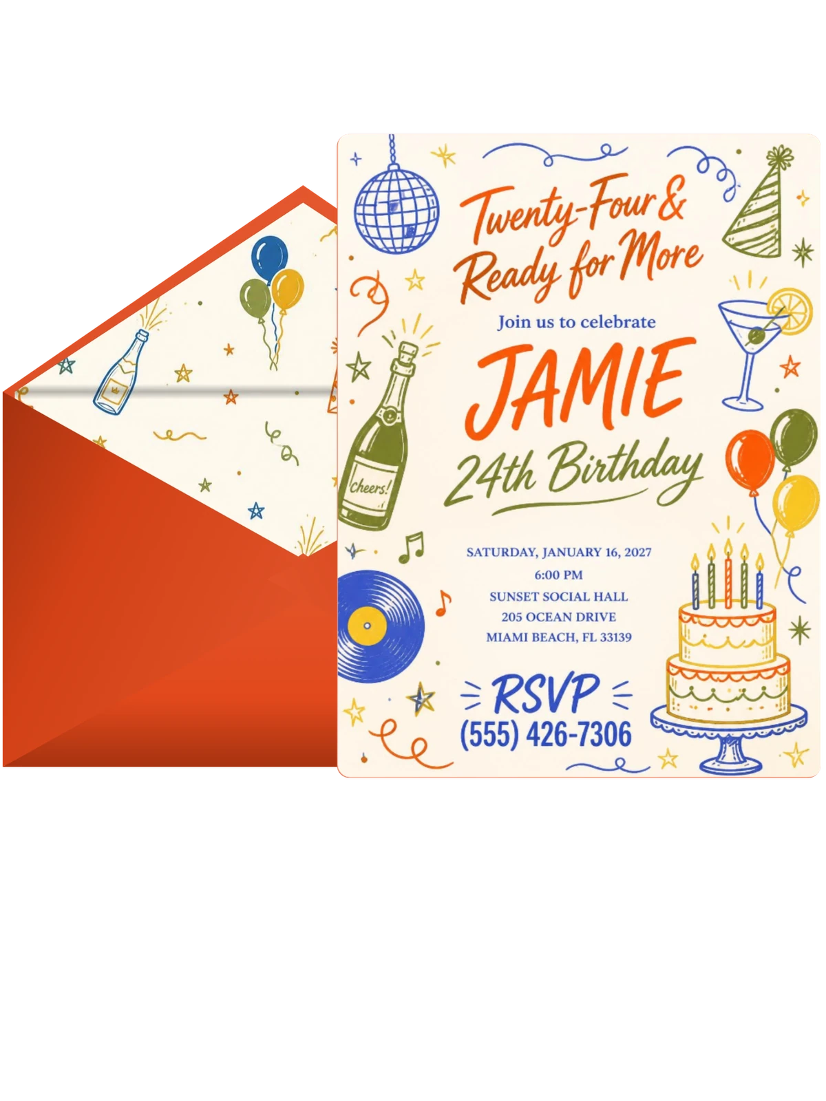 Retro Doodle 24th Birthday Invitation