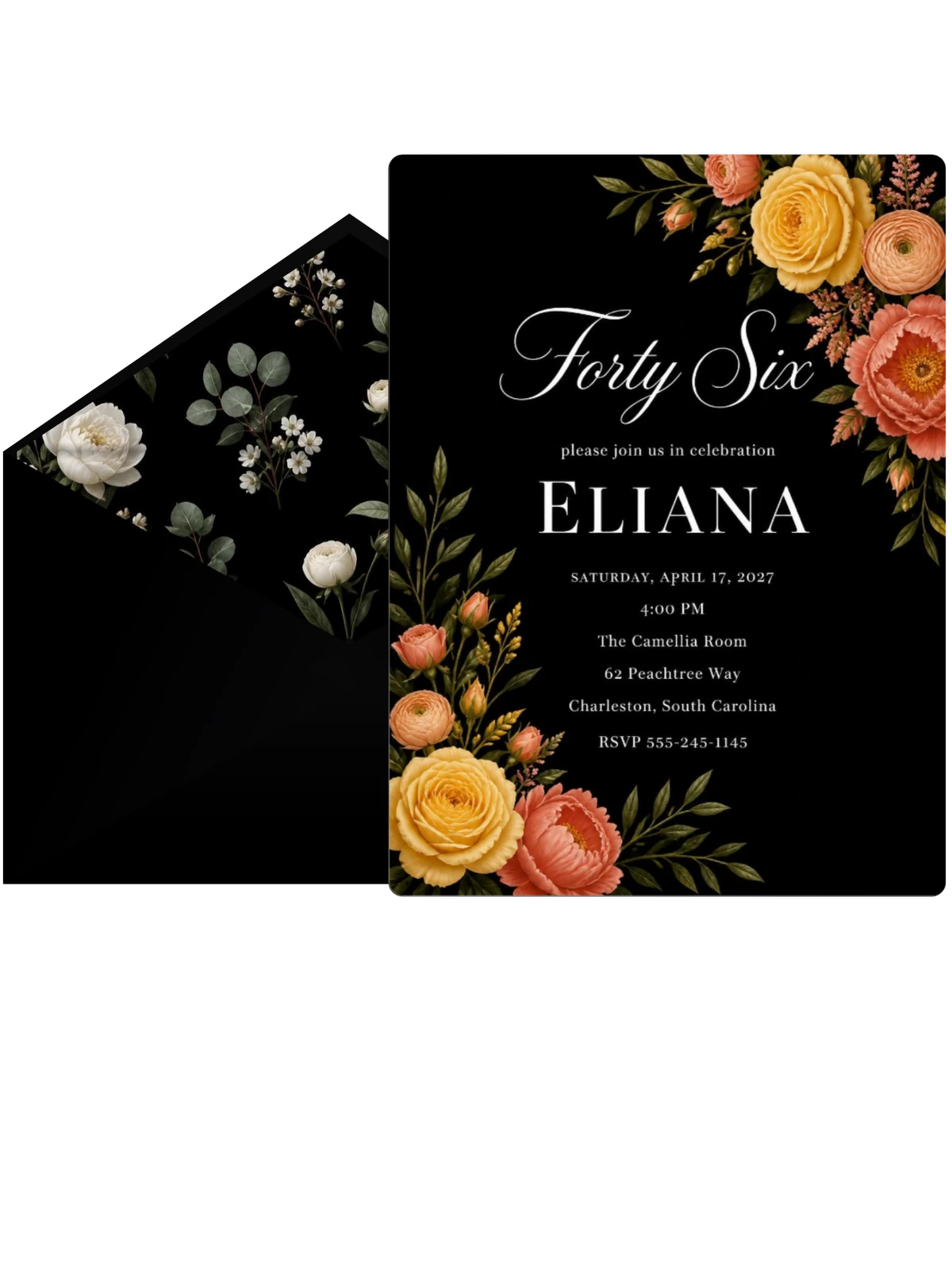Black Floral 46th Birthday Invitation