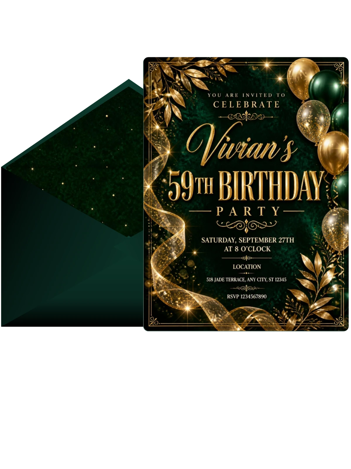 Emerald and Champagne 59th Birthday Invitation
