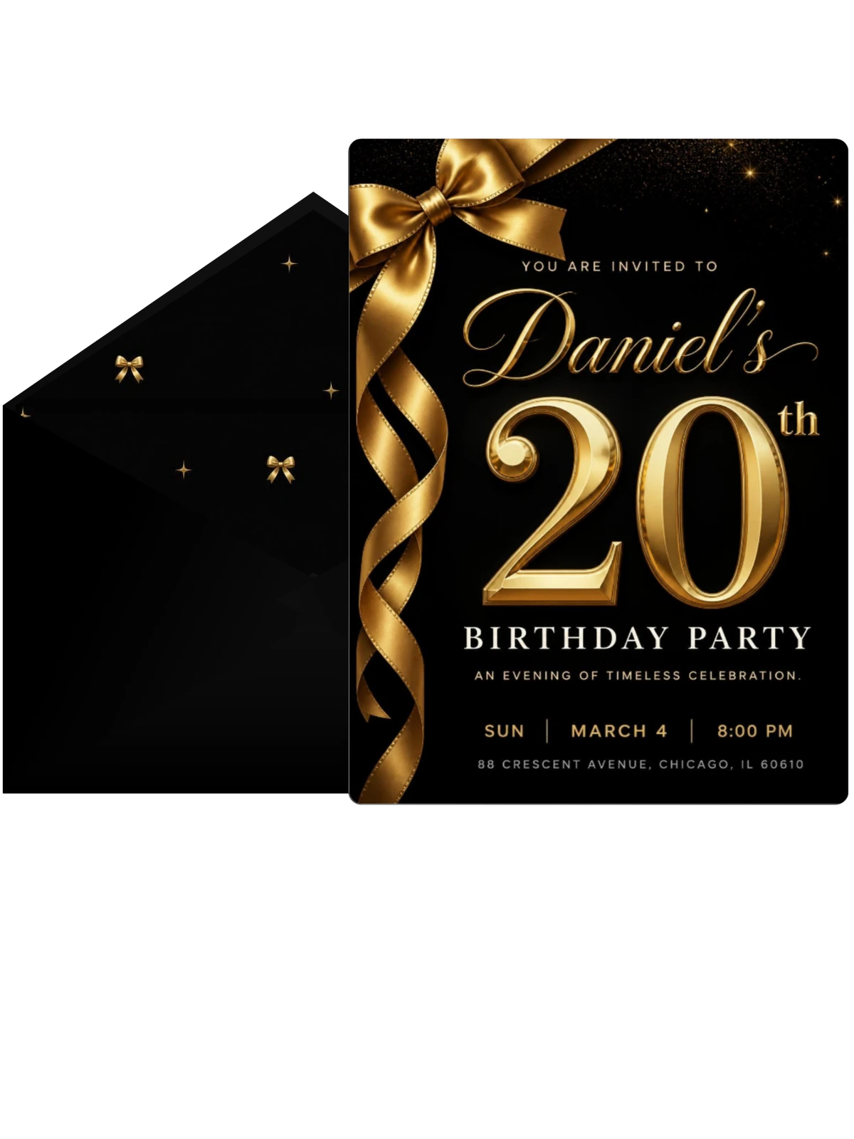 Black and Gold Ribbon 20th Birthday
