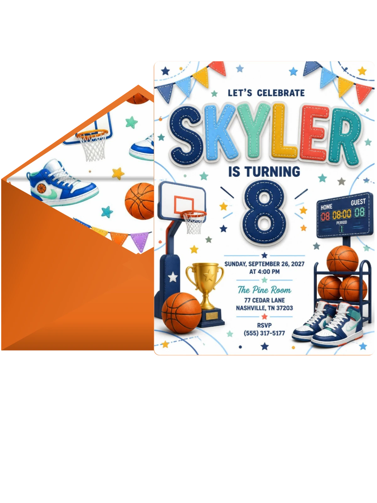 Stitched Basketball 8th Birthday Invitation