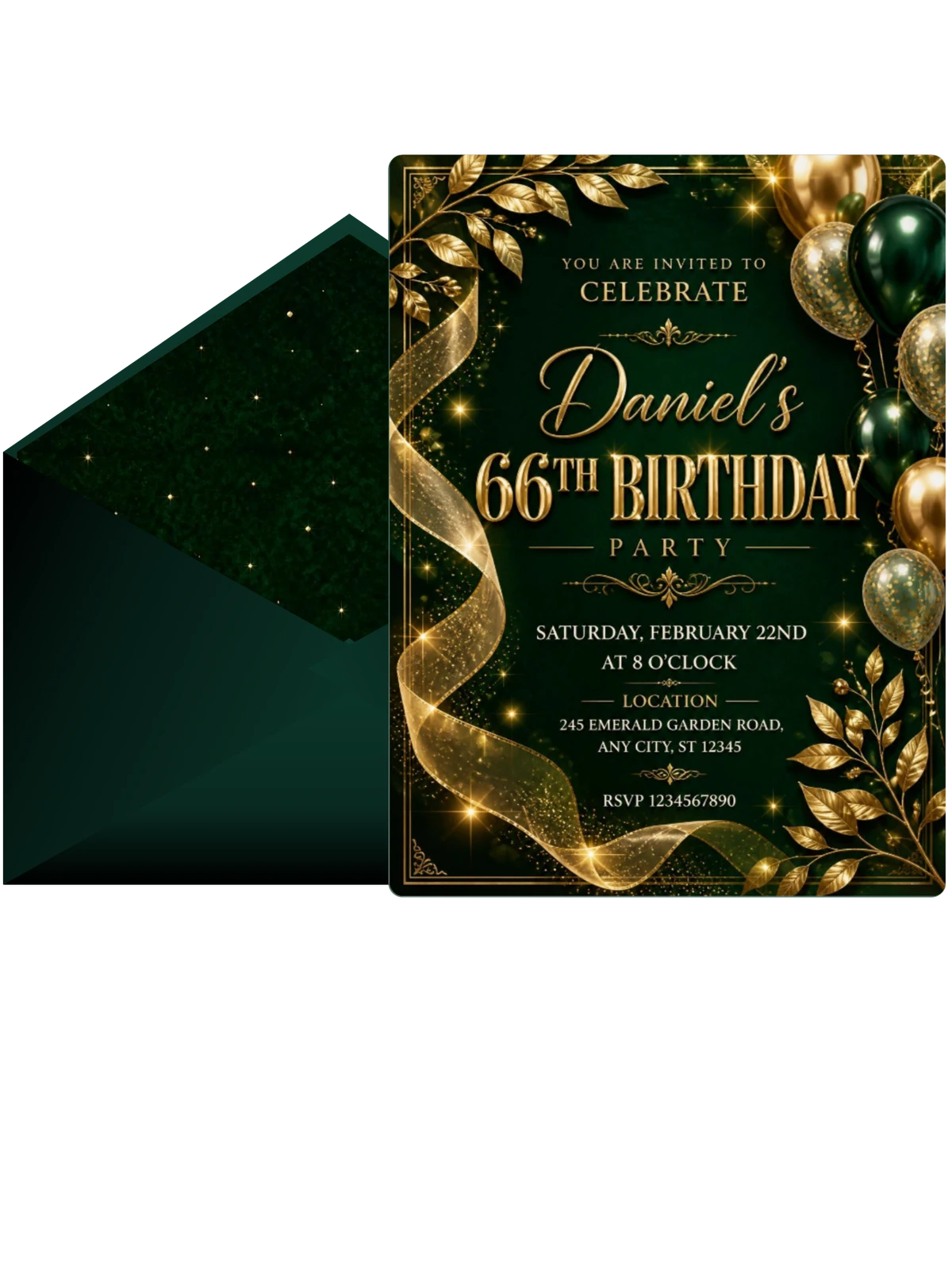 Emerald and Champagne 66th Birthday Invitation
