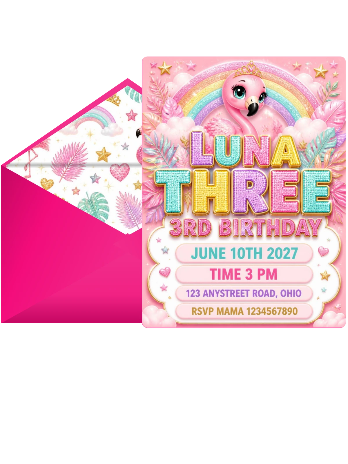 Glitter Flamingo 3rd Birthday Invitation