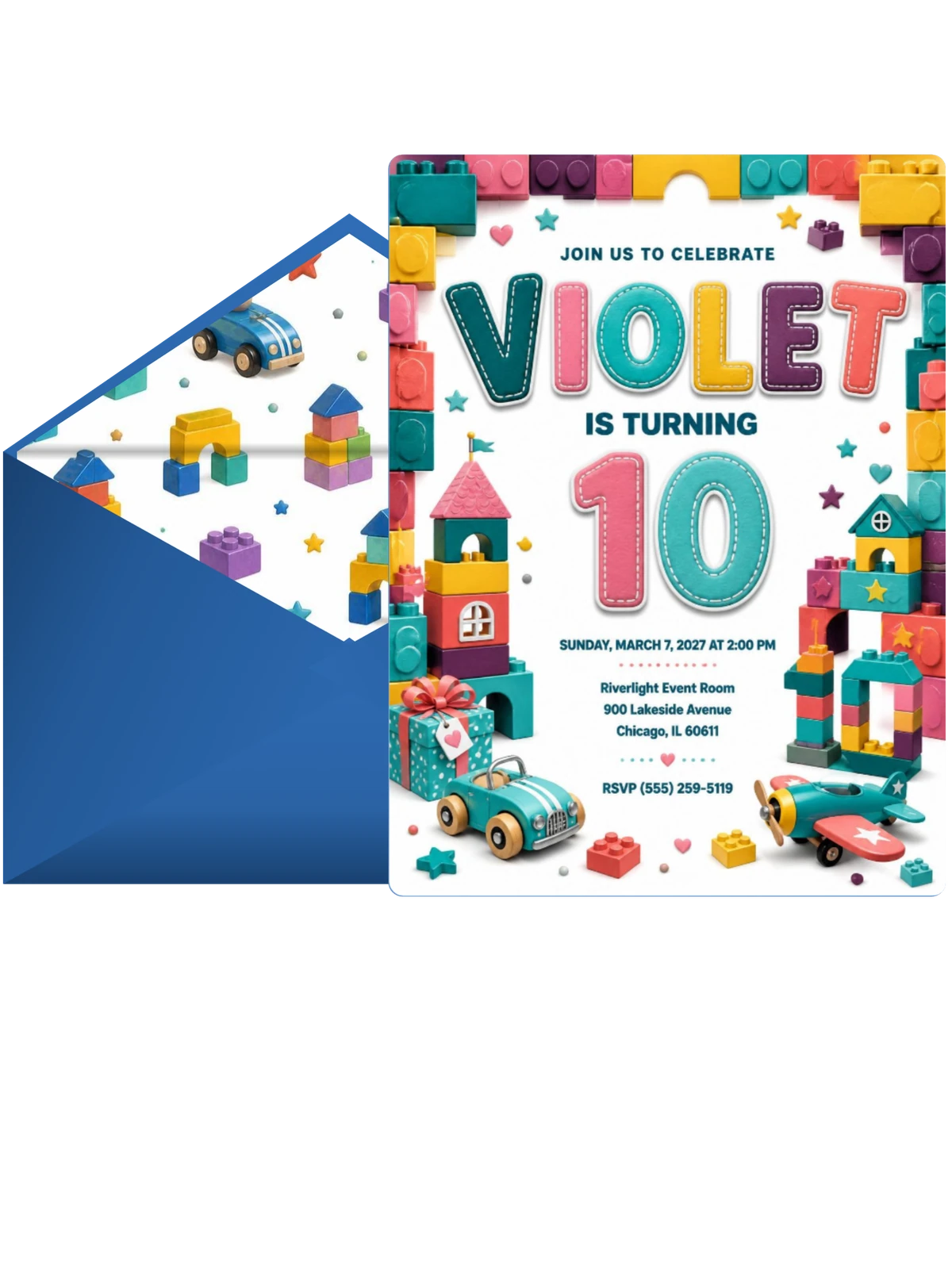 Stitched Toy Blocks 10th Birthday Invitation