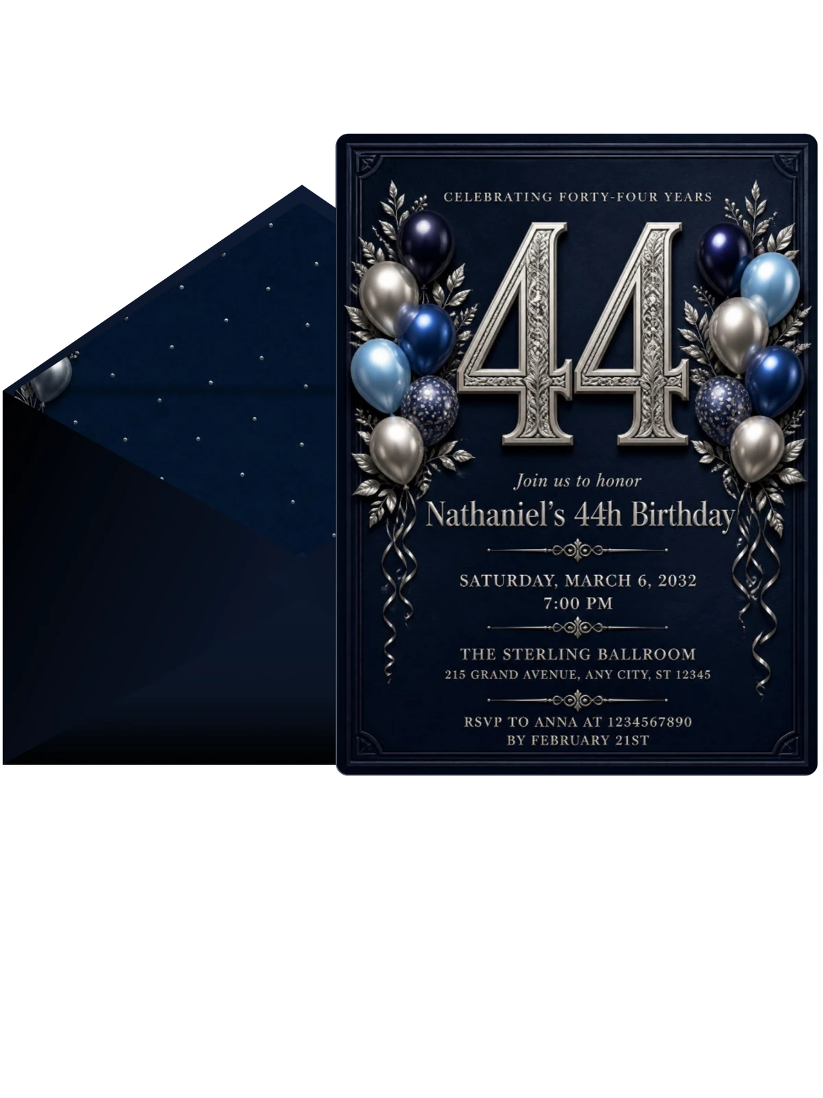 Navy and Silver 44th Birthday Invitation