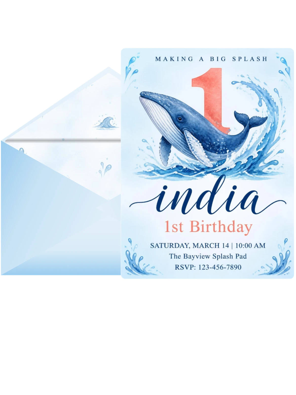 Watercolor Whale 1st Birthday Invitation