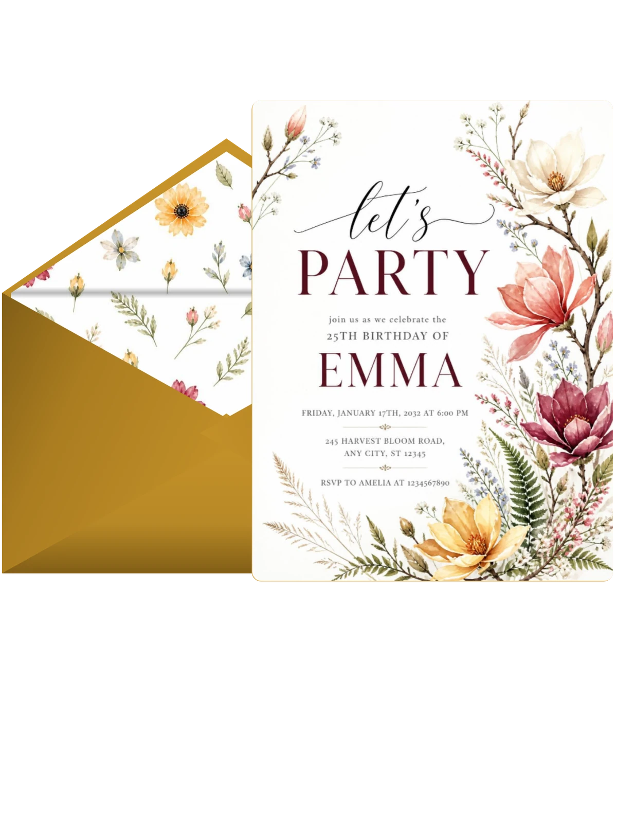 Magnolia Branch Golden 25th Birthday Invitation
