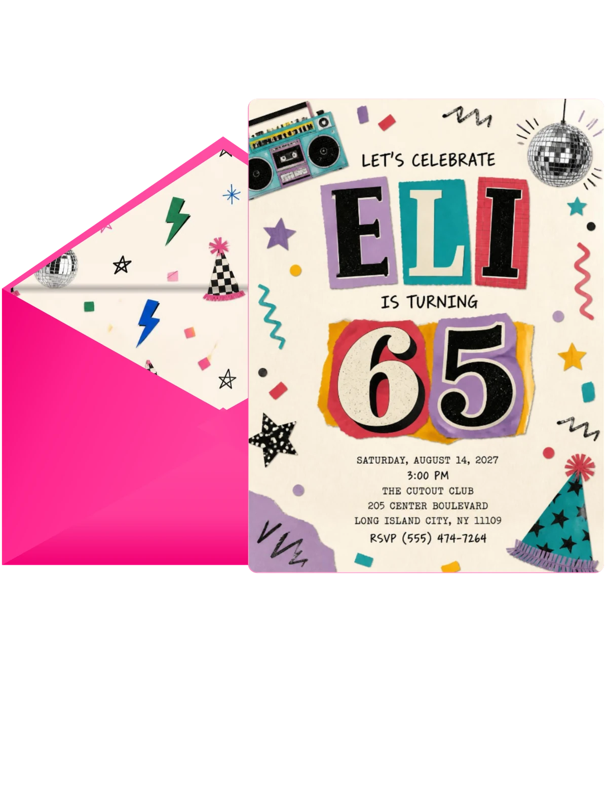 Retro Paper Collage 65th Birthday Invitation
