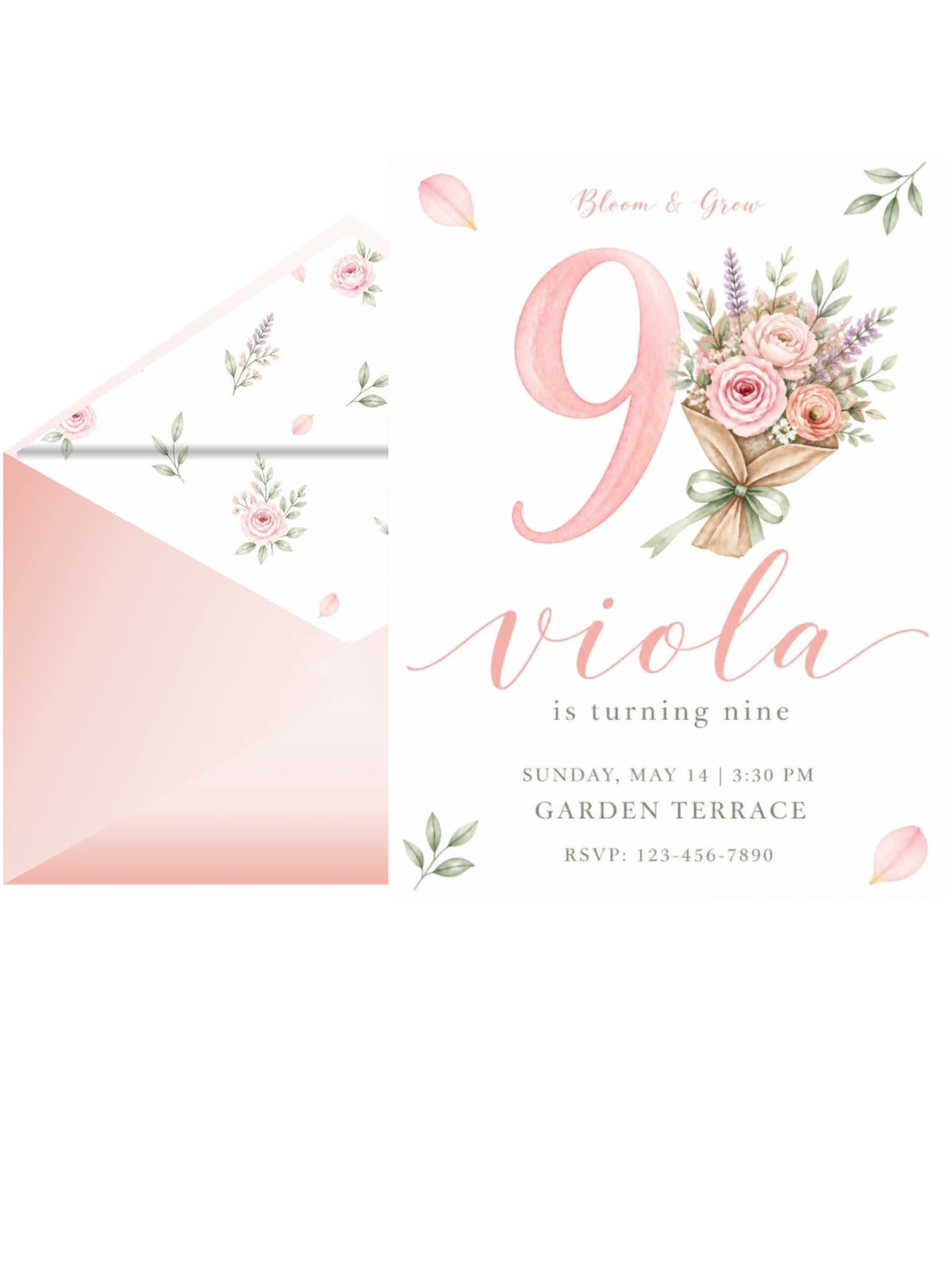 Pink Watercolor Floral Ninth Birthday