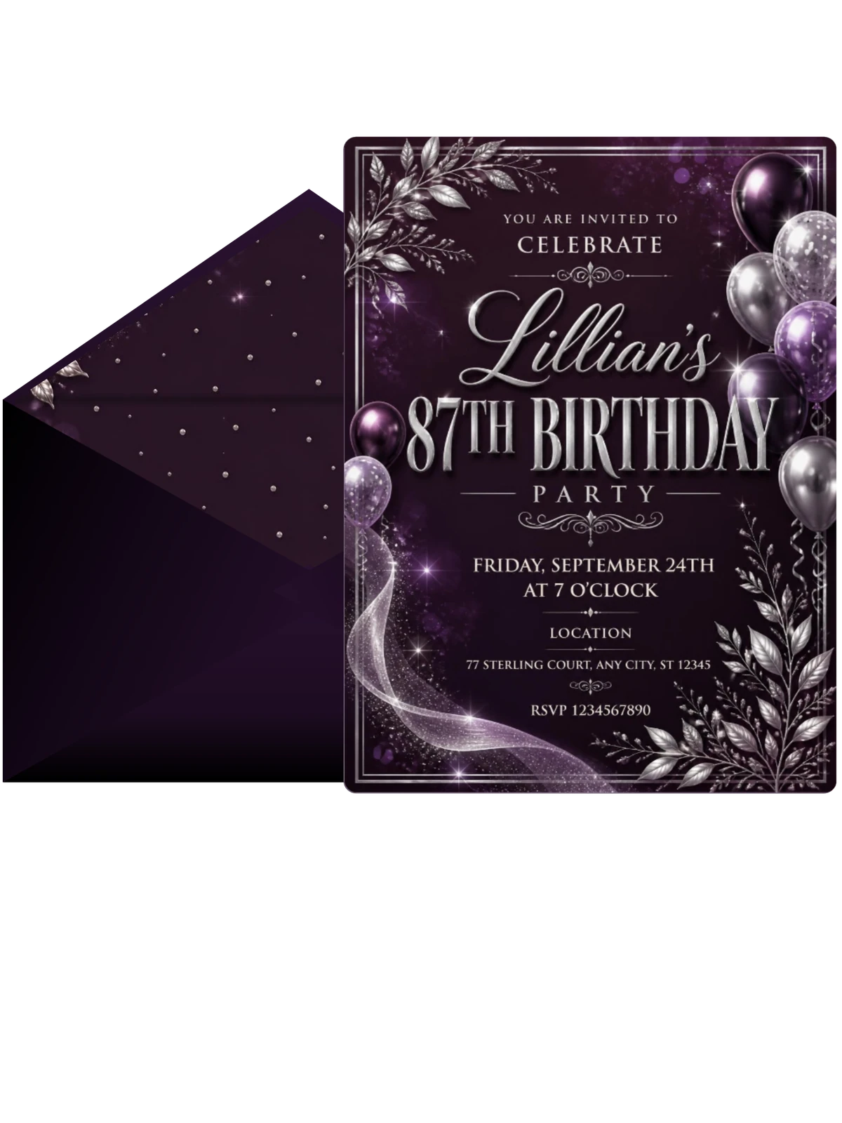 Plum and Silver 87th Birthday Invitation