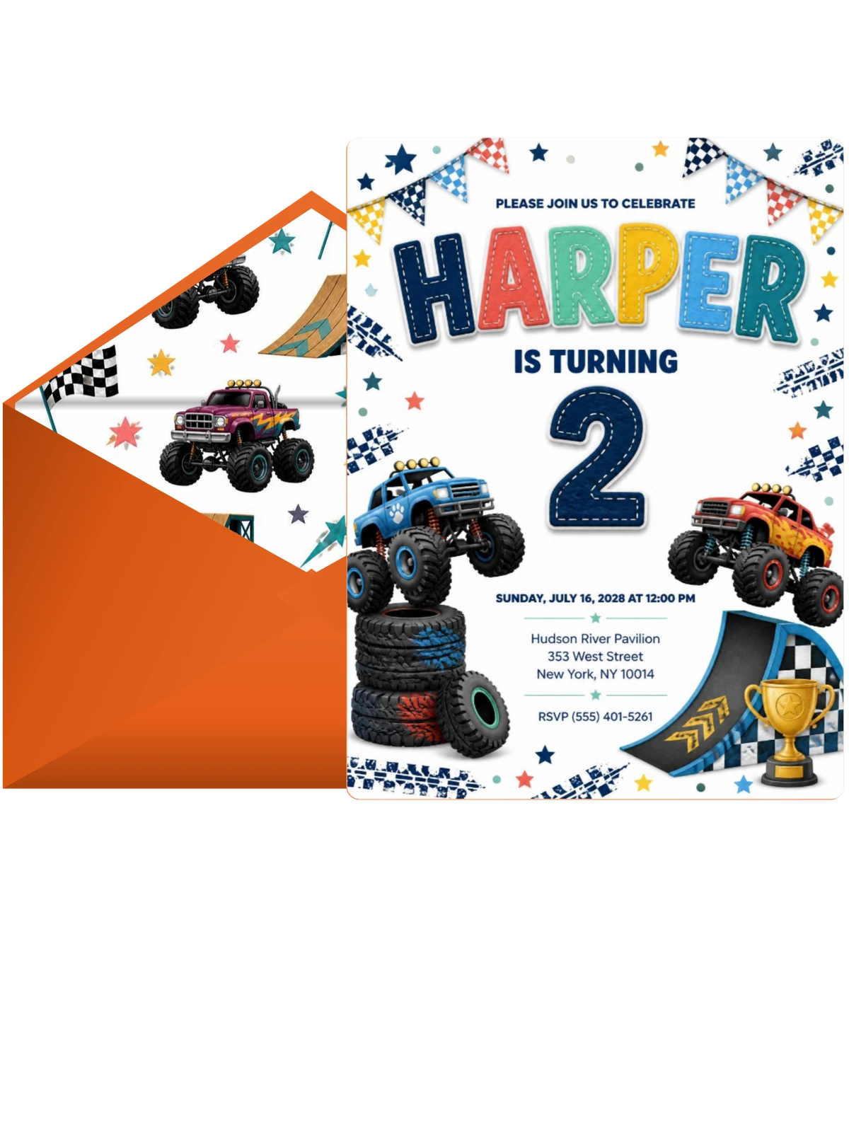 Stitched Monster Truck 2nd Birthday Invitation