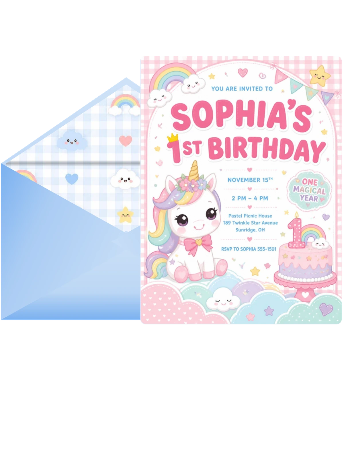 Kawaii Rainbow Unicorn 1st Birthday Invitation