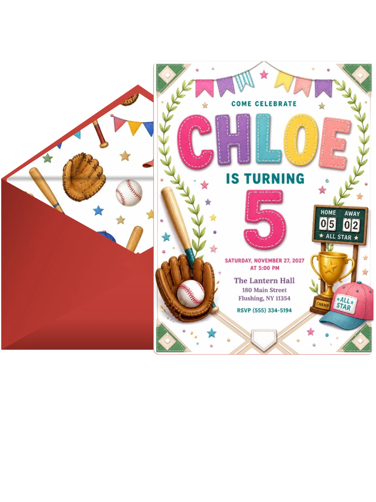 Stitched Baseball 5th Birthday Invitation