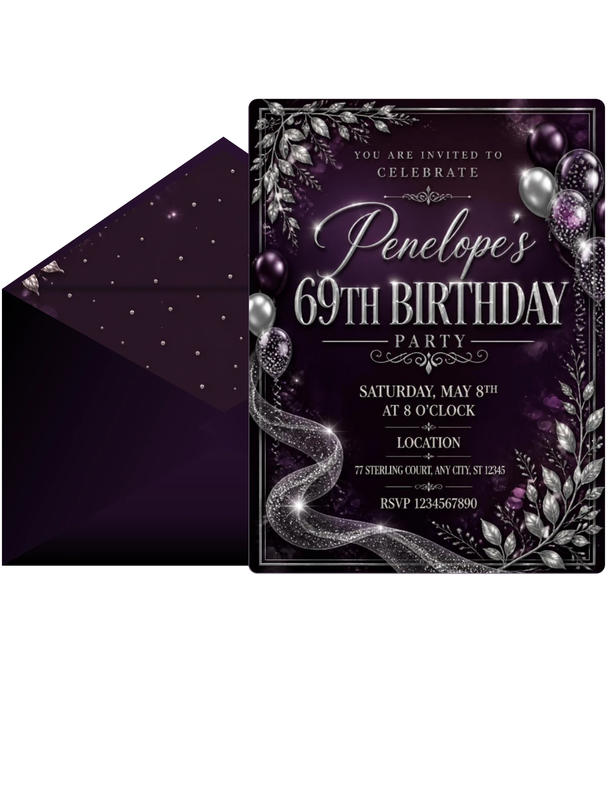 Plum and Silver 69th Birthday Invitation
