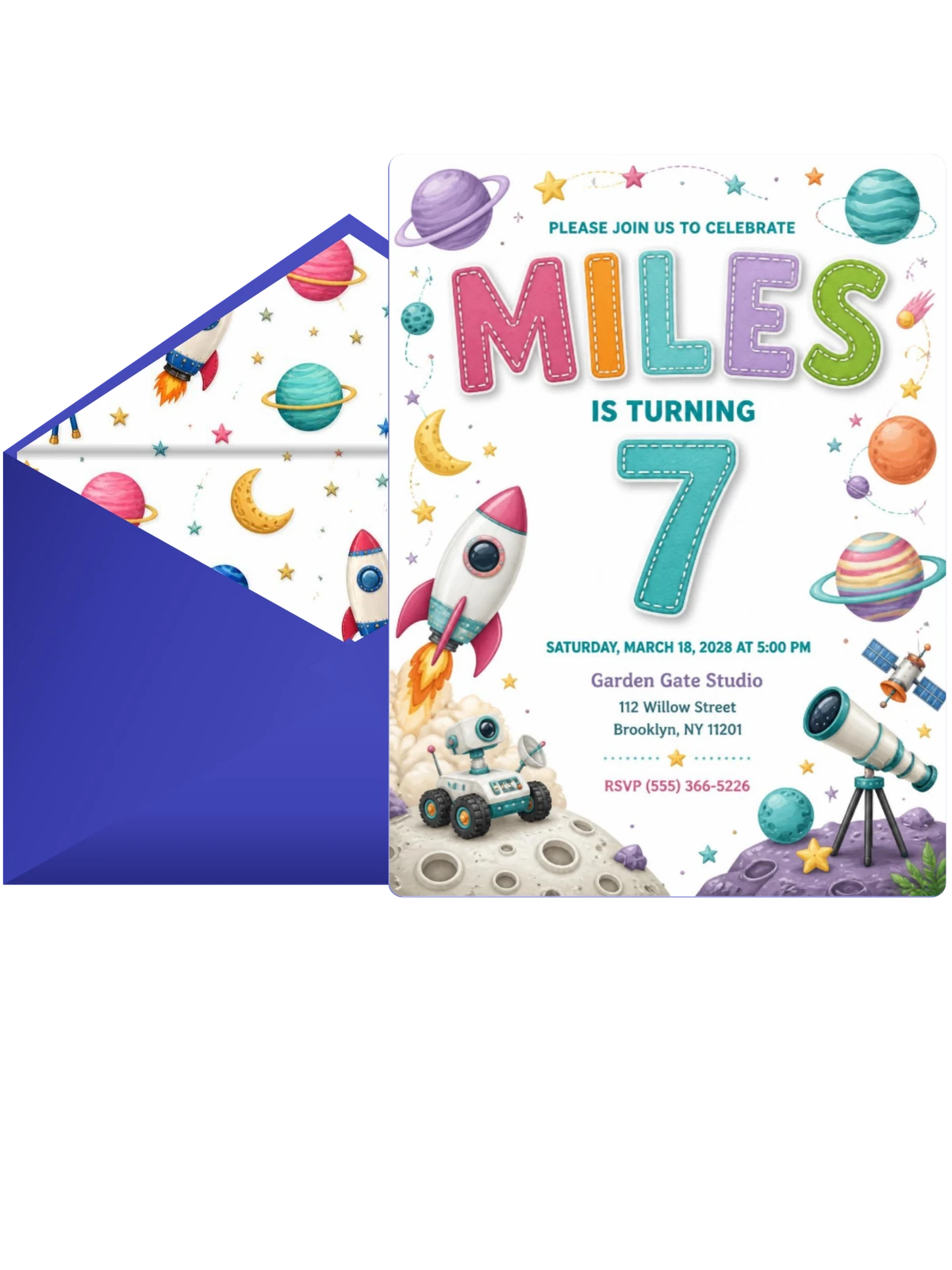Stitched Space 7th Birthday Invitation