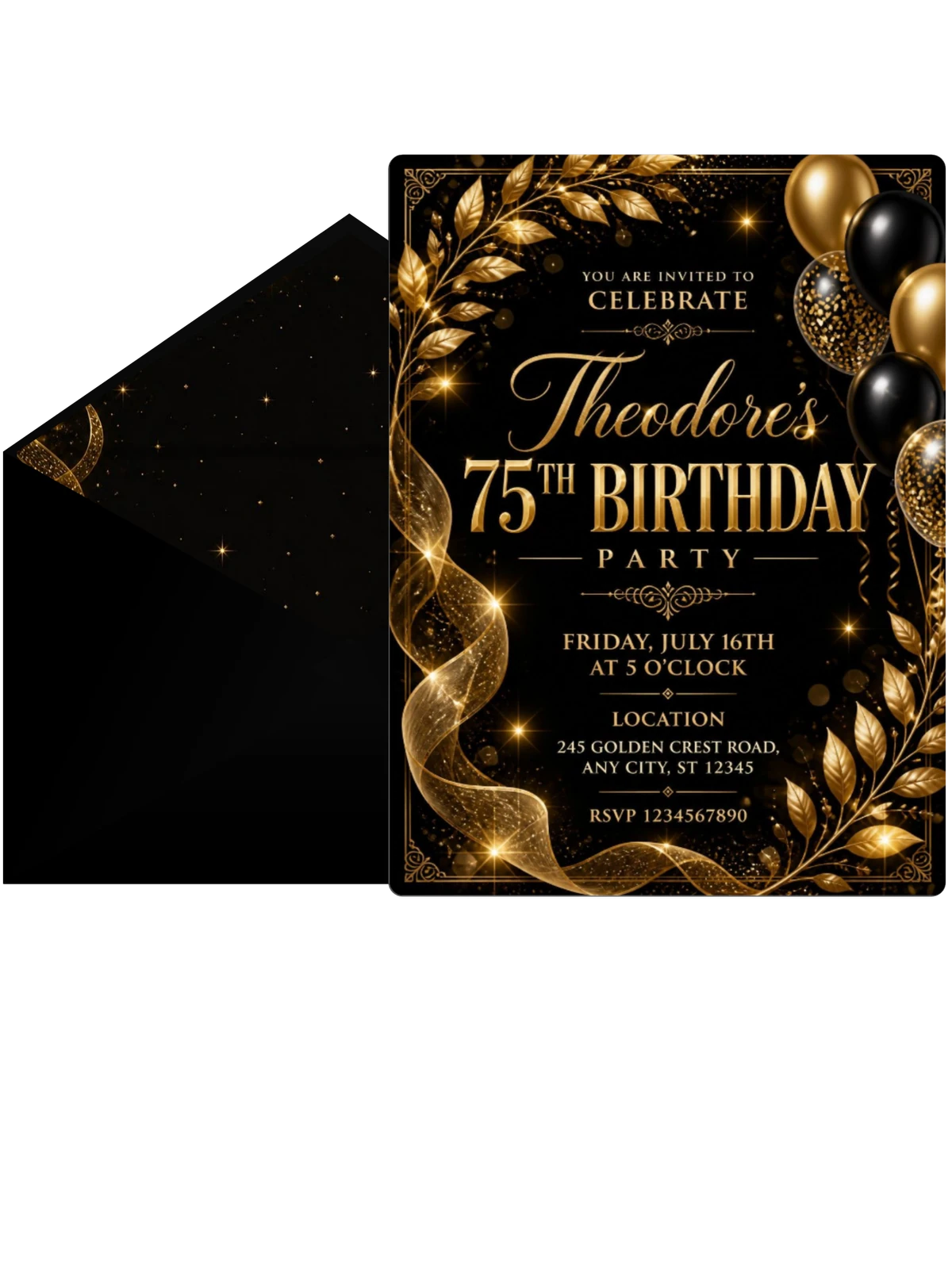 Black and Gold 75th Birthday Invitation