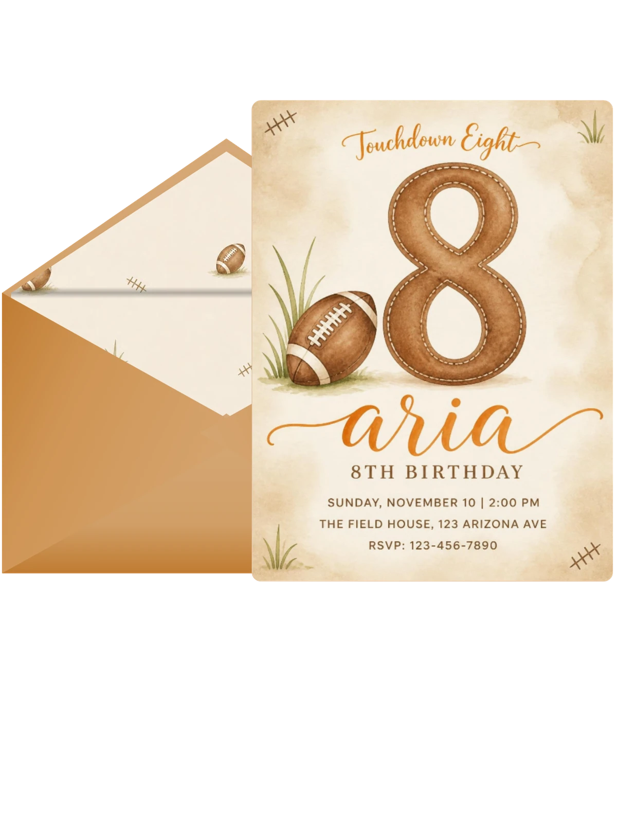 Watercolor Football 8th Birthday Invitation