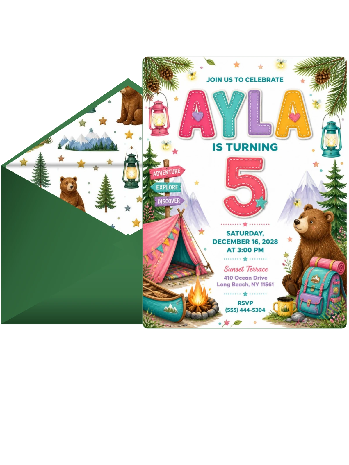 Stitched Camping 5th Birthday Invitation