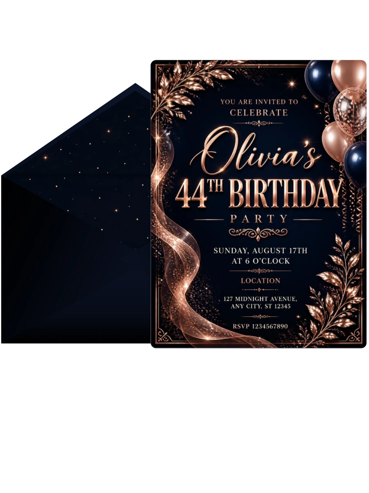 Navy and Rose Gold 44th Birthday Invitation