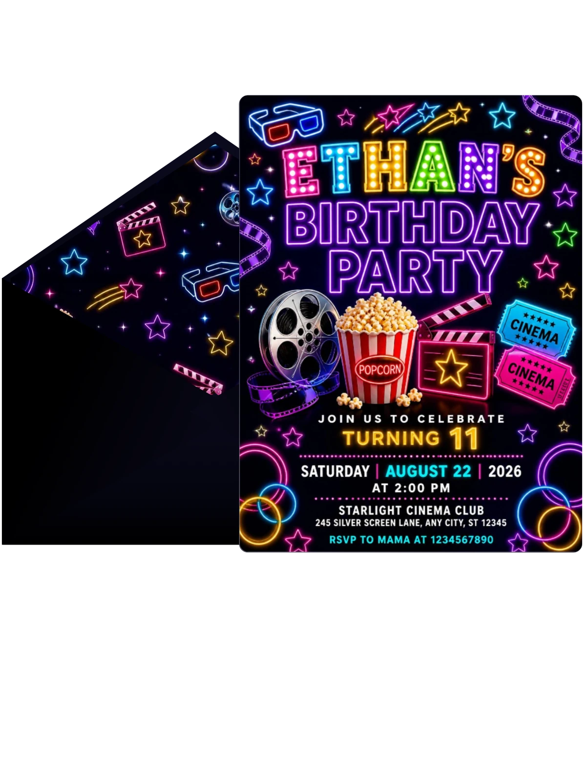 Neon Movie Night 11th Birthday Invitation