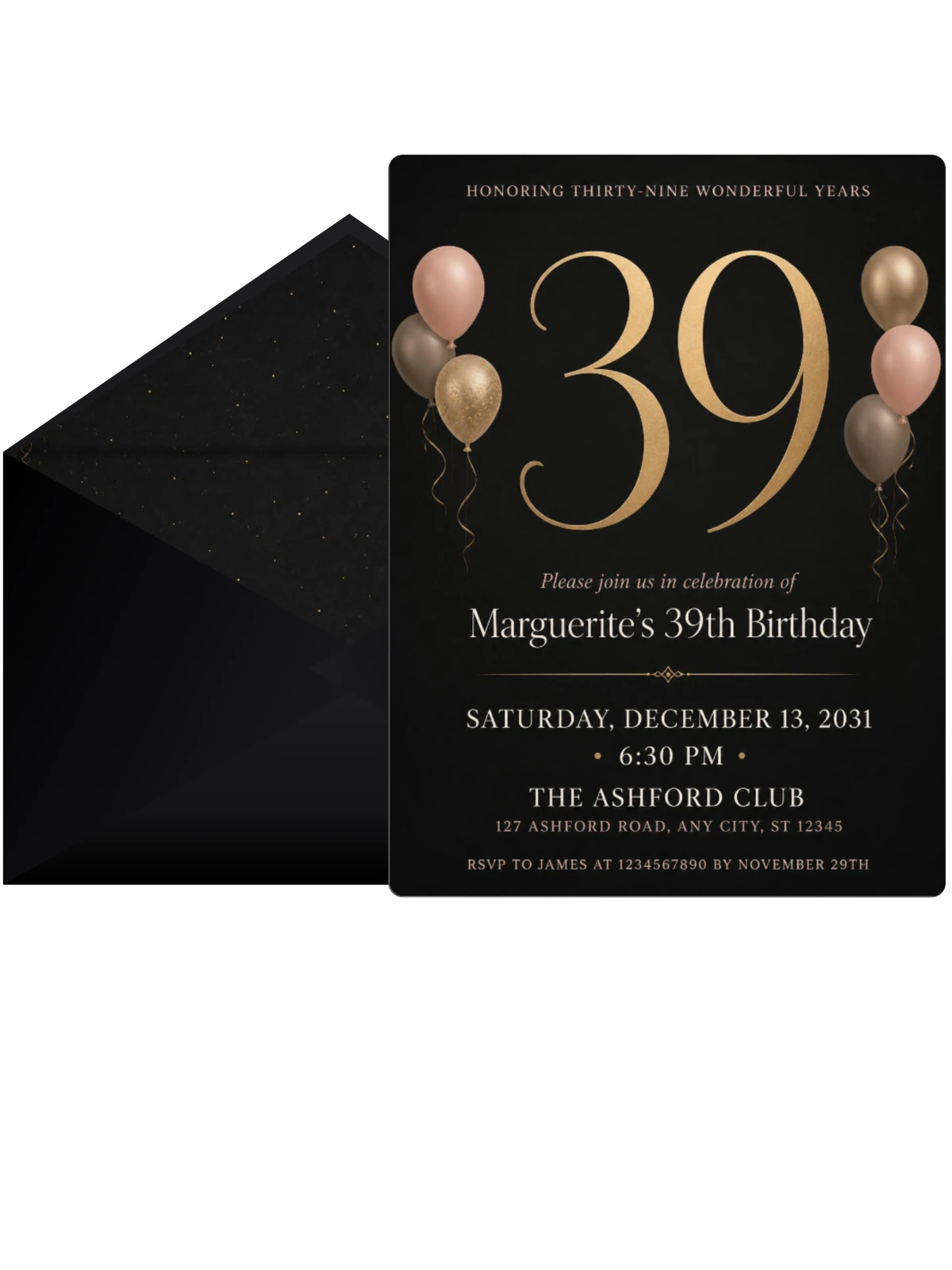 Charcoal and Blush 39th Birthday Invitation