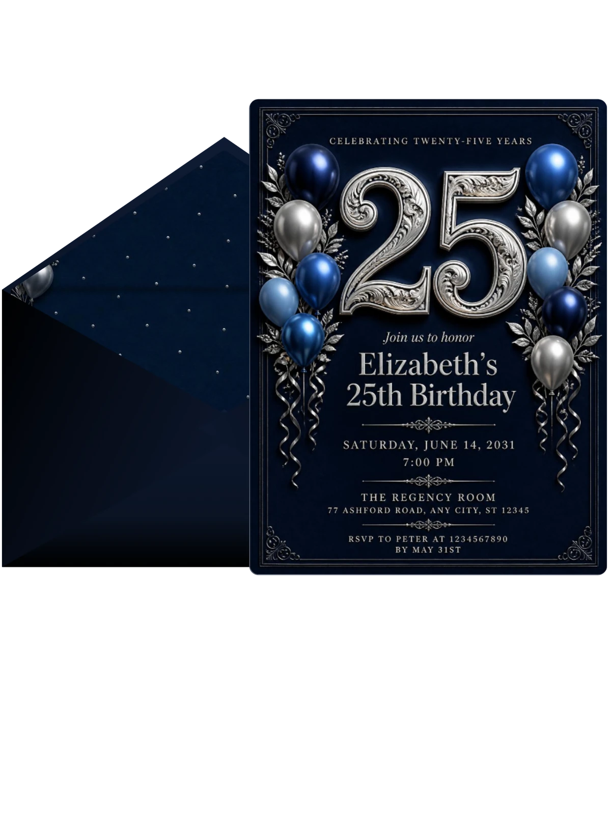 Navy and Silver 25th Birthday Invitation