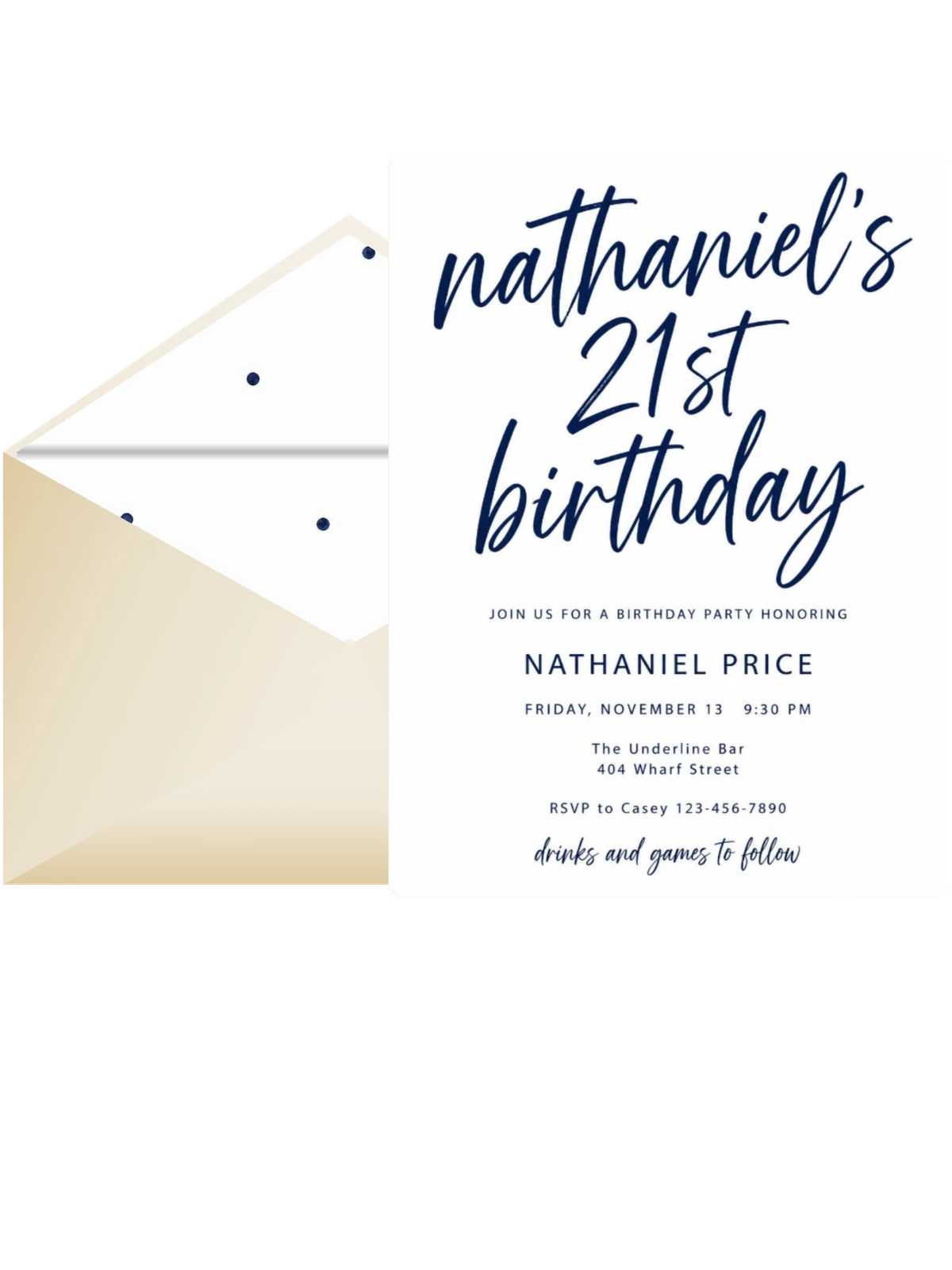 Navy Brush Script 21st Birthday Invitation
