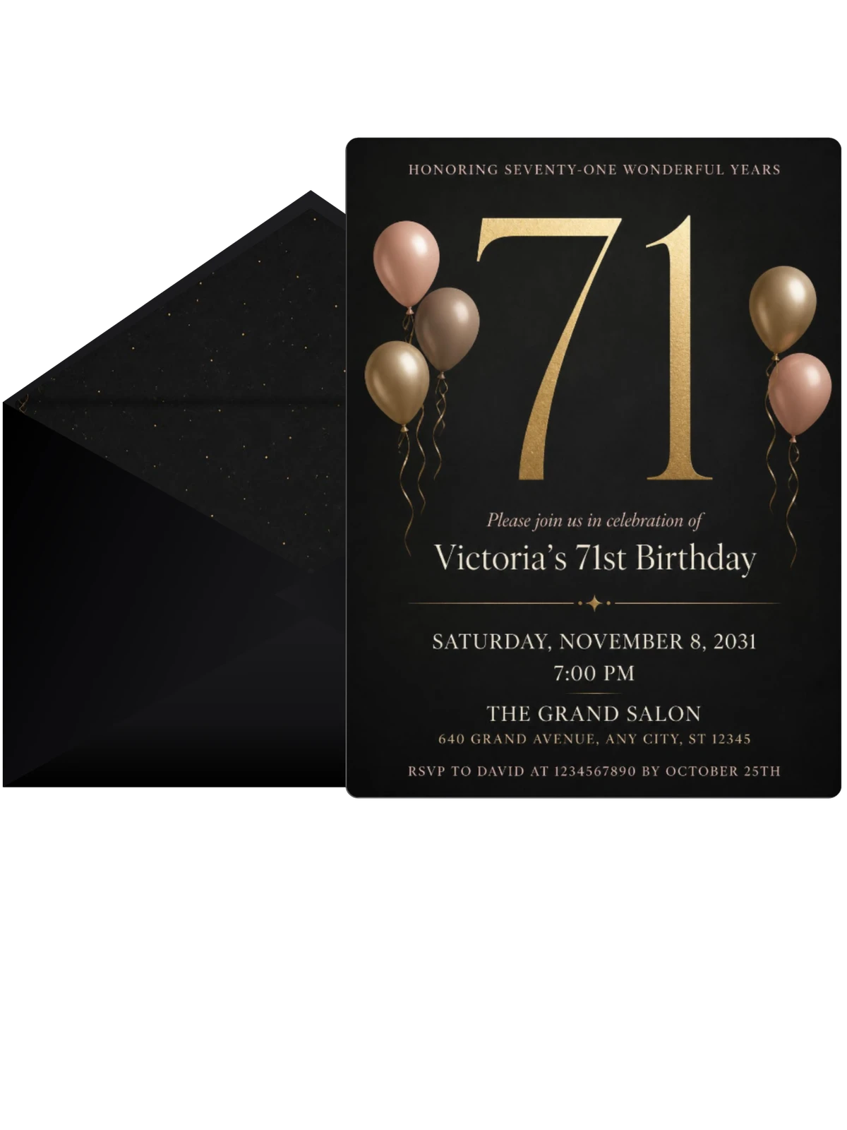 Charcoal and Blush 71st Birthday Invitation