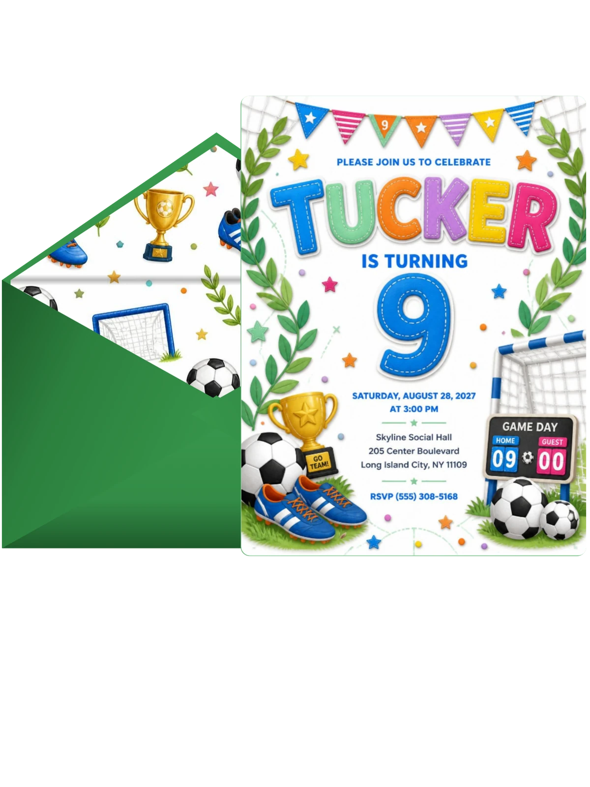 Stitched Soccer 9th Birthday Invitation