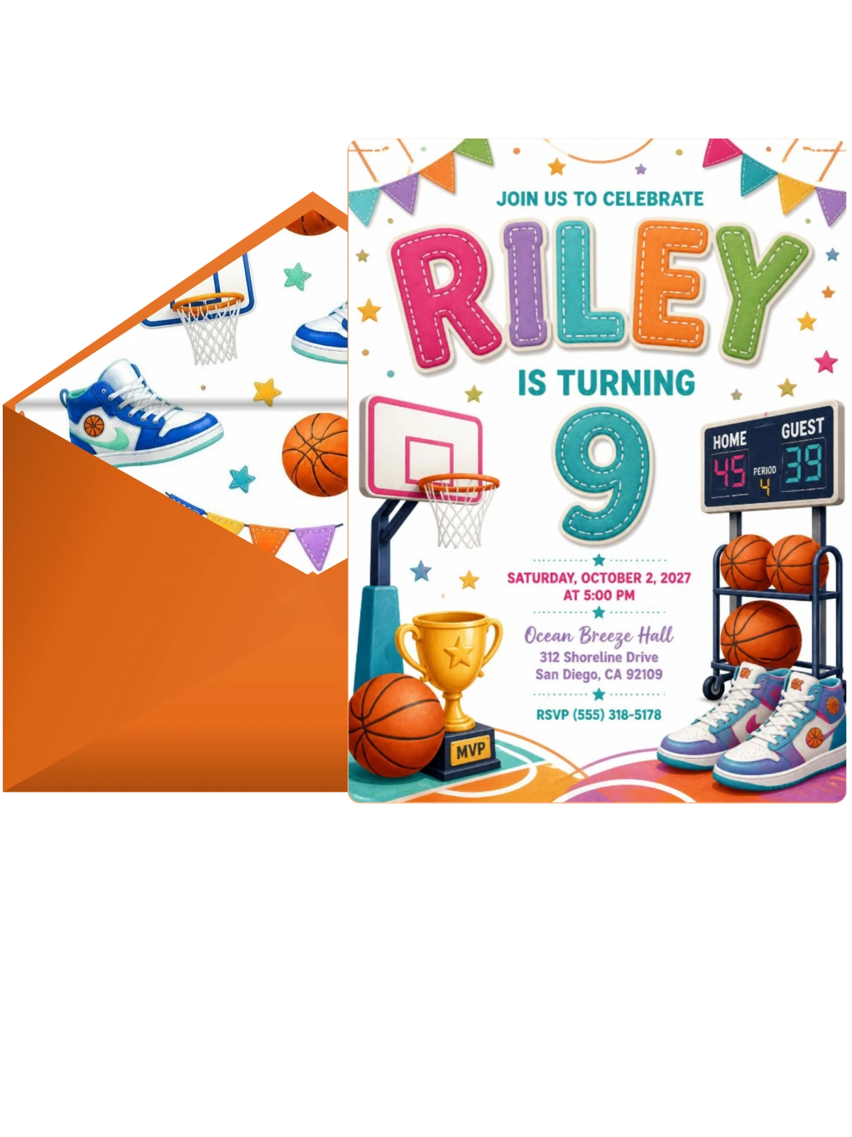 Stitched Basketball 9th Birthday Invitation