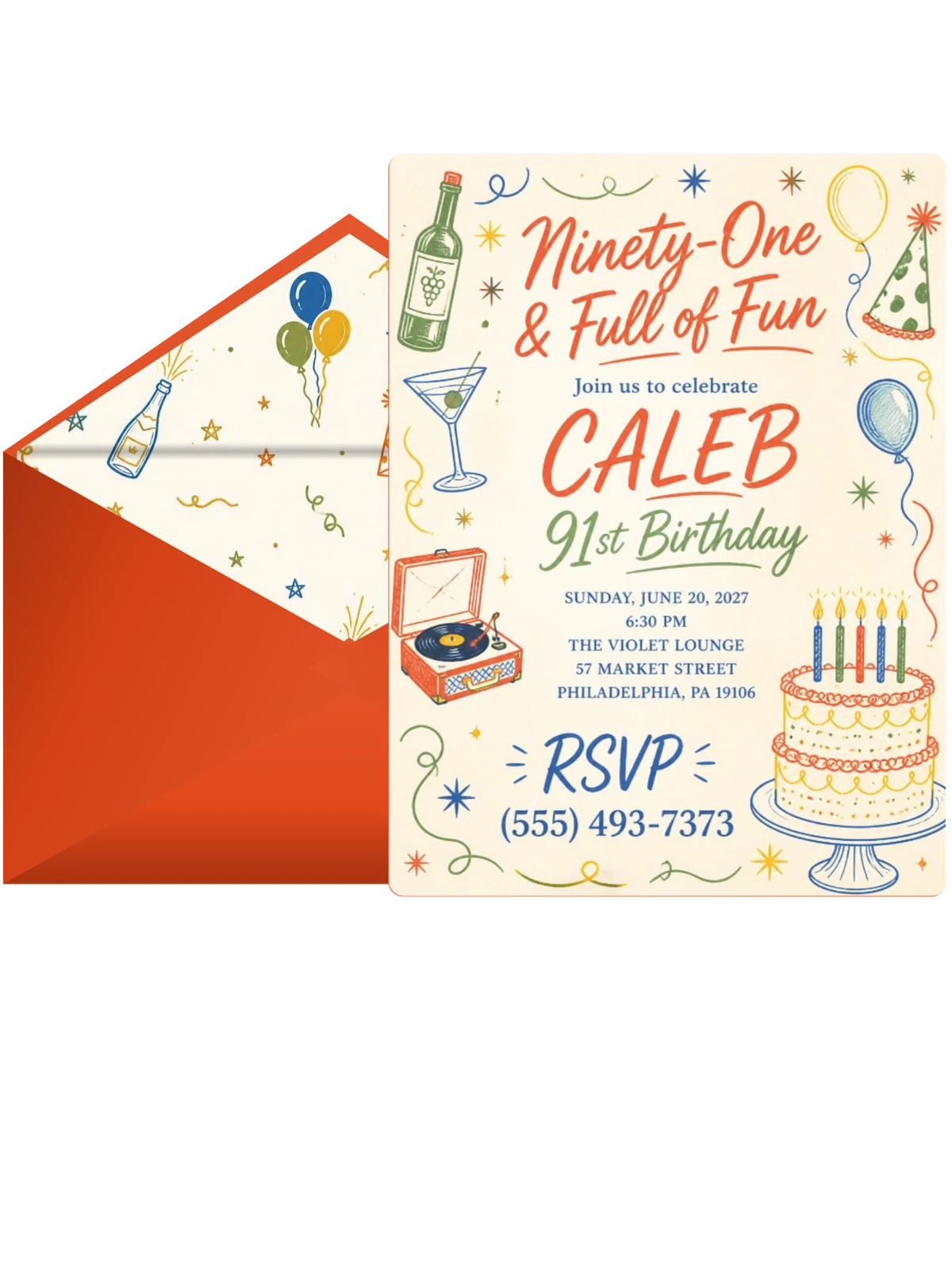 Retro Doodle 91st Birthday Invitation