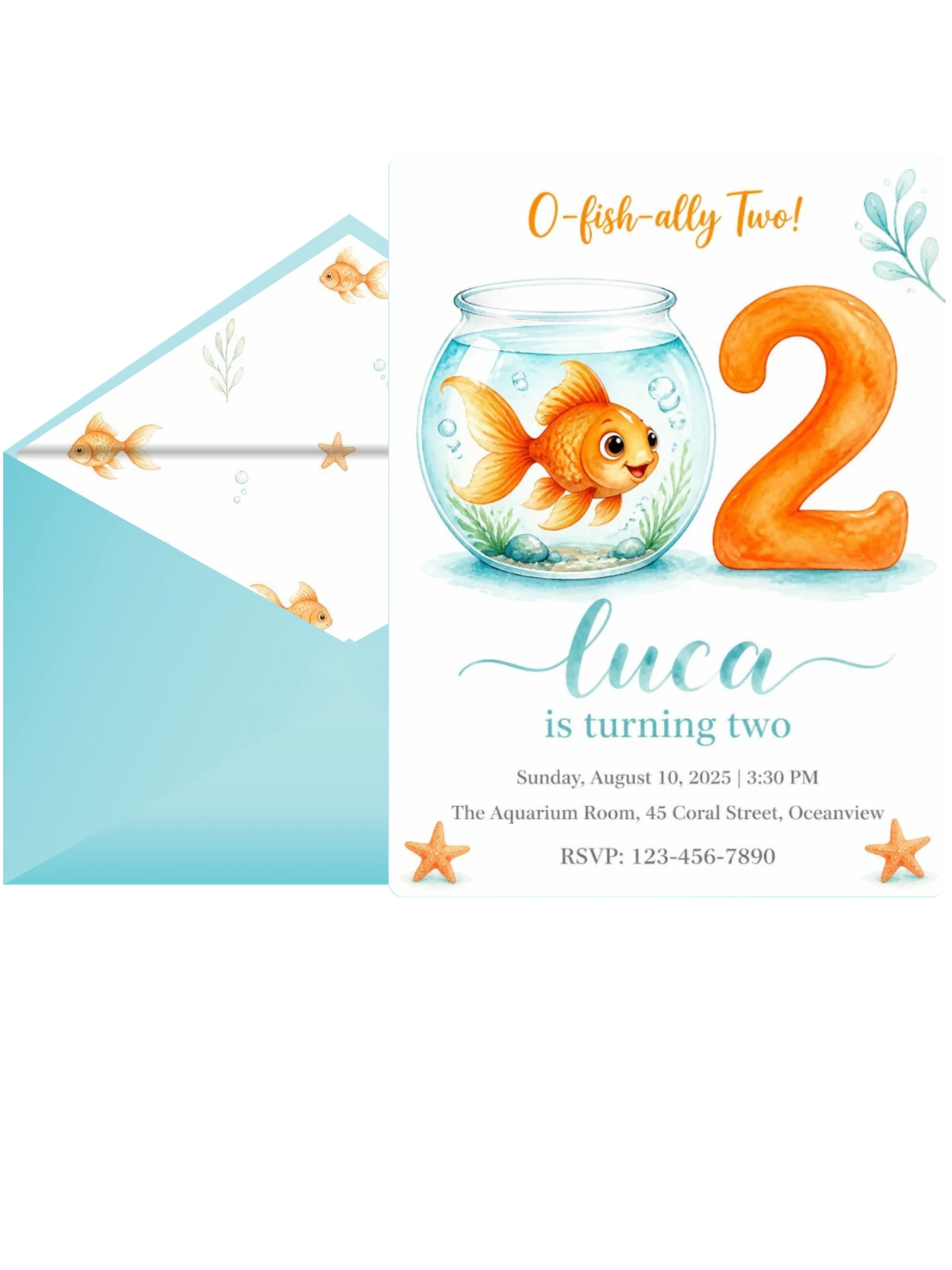 Watercolor Goldfish 2nd Birthday Invitation
