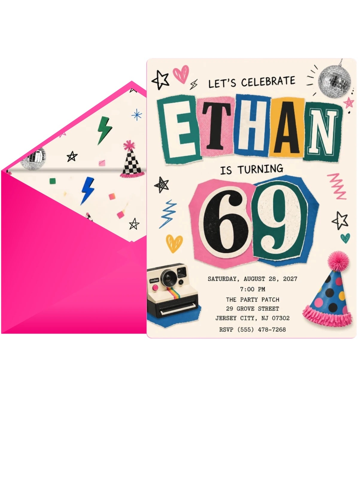 Retro Paper Collage 69th Birthday Invitation