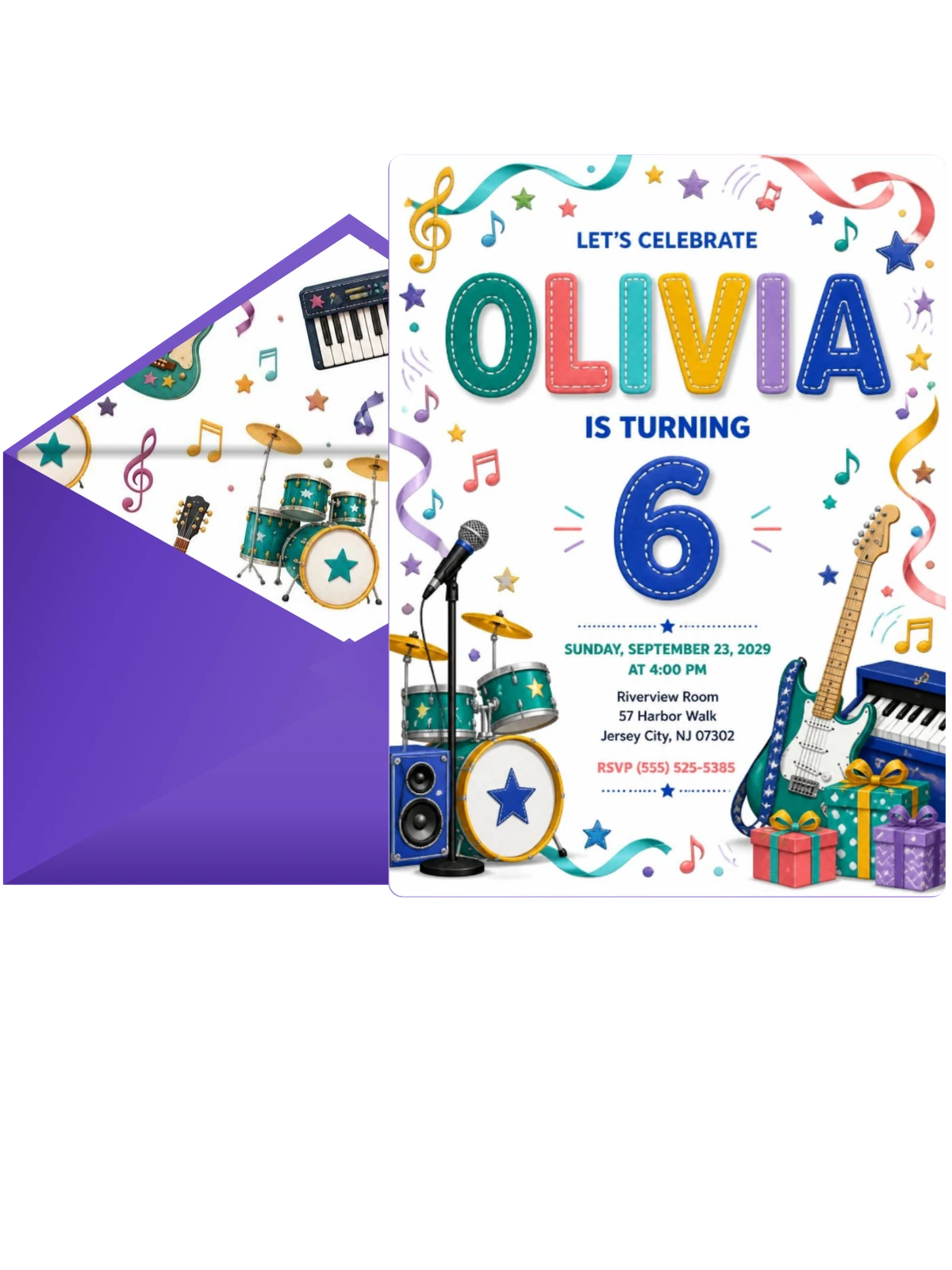 Stitched Rock Star 6th Birthday Invitation