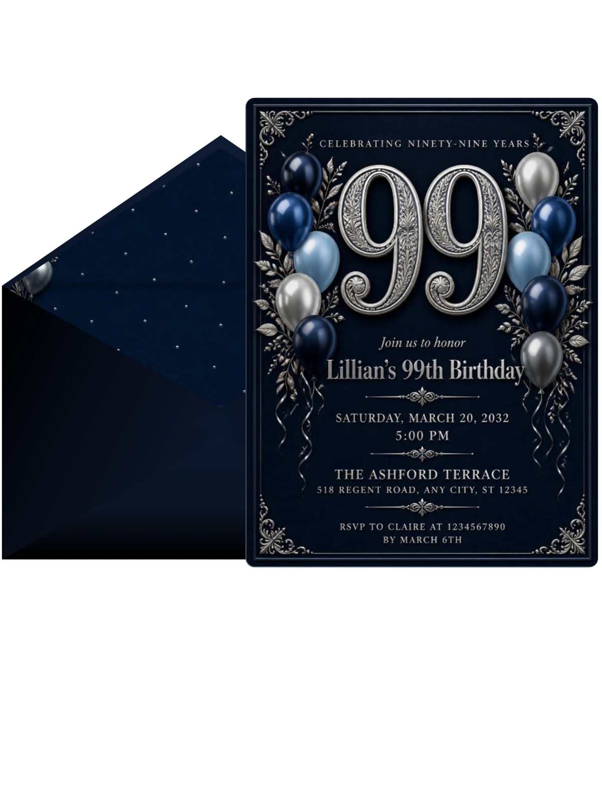 Navy and Silver 99th Birthday Invitation