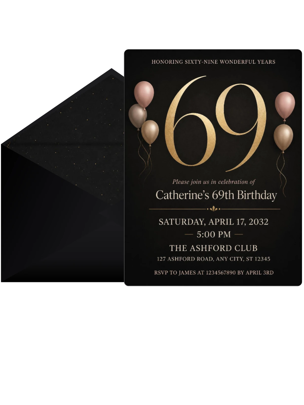 Charcoal and Blush 69th Birthday Invitation